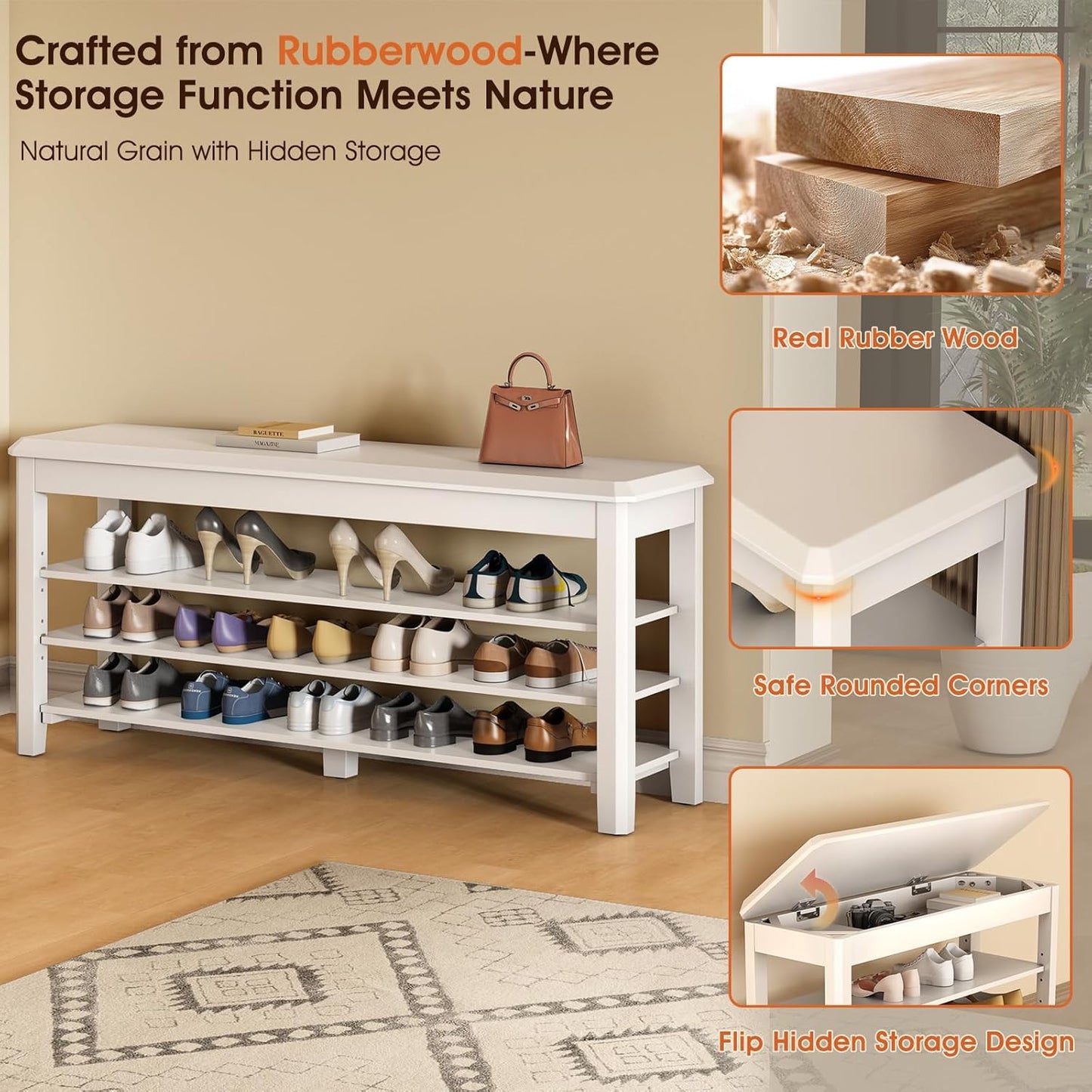 Shoe Rack Bench Seat Rubberwood 3-Tier Wooden Storage Bench 550lbs Compact Mid-Century Modern Design for Entryway, Hallway, Closet, Front Door Entrance, Foyer