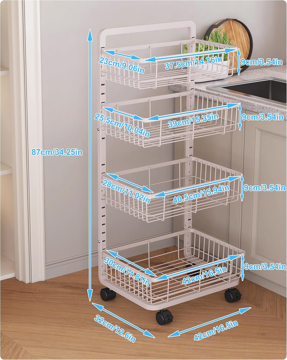UMDONX 4-Tier Kitchen Storage Cart Metal Snack Cart Adjustable Fruit Basket on Wheels Stand Baskets for Potato Onion Produce White