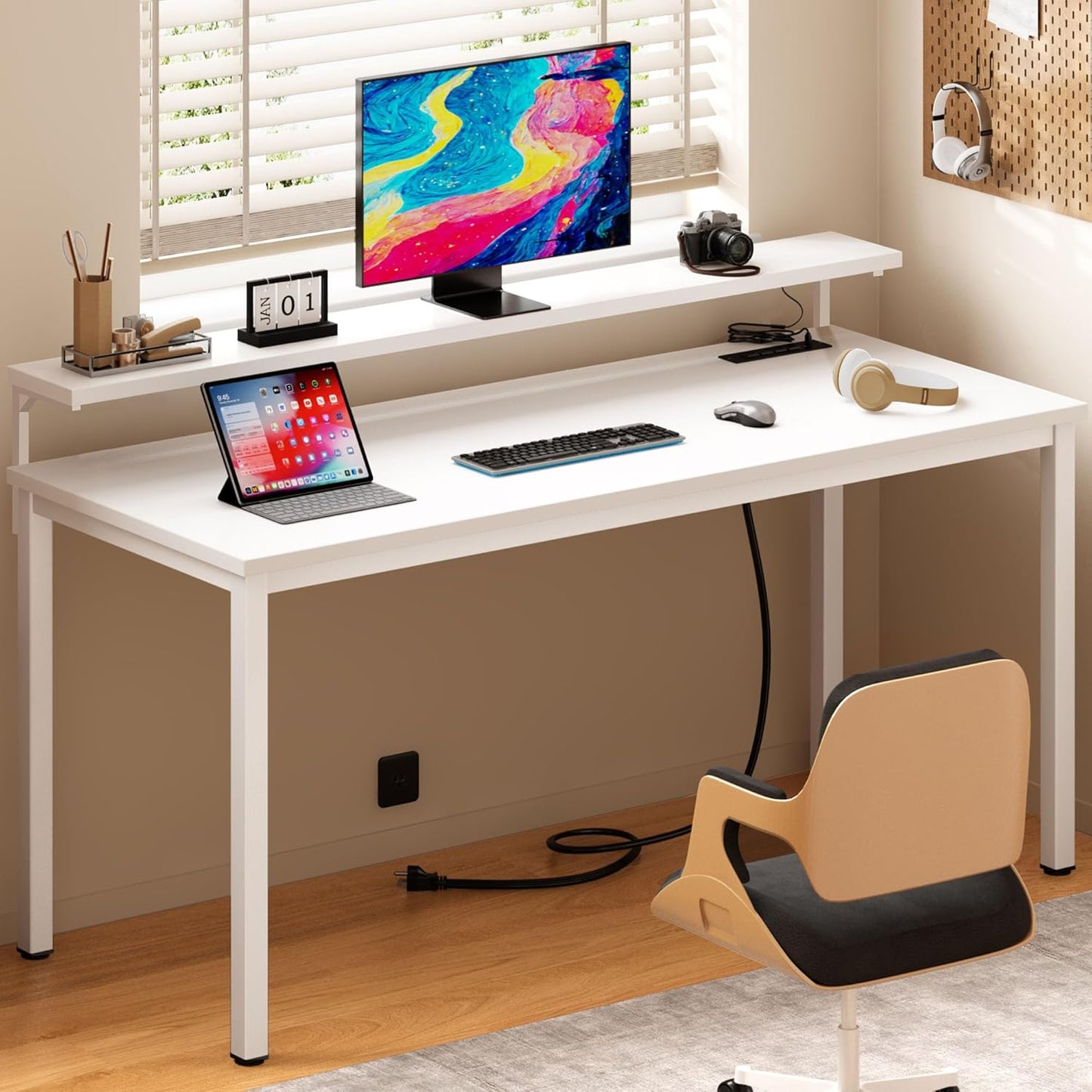 Need 60 inch Computer Desk with LED Lights & Power Outlets, Large Home Desk with Monitor Shelf, Writing Table Gaming Desk Home Office Desk, White