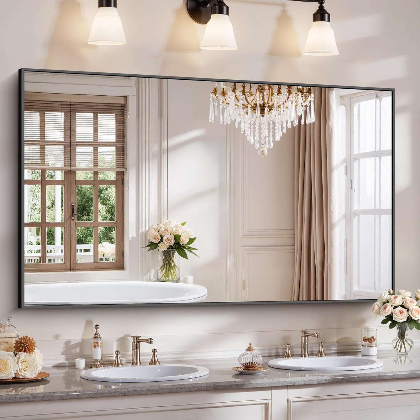 YIROMAN Bathroom Mirror 60"x36", Large Matte Black Bathroom Mirror for Over Sink with Aluminum Frame, Rectangular Vanity Mirror with Right Angle, Wall Mirror Hangs Horizontal or Vertical, Shatterproof