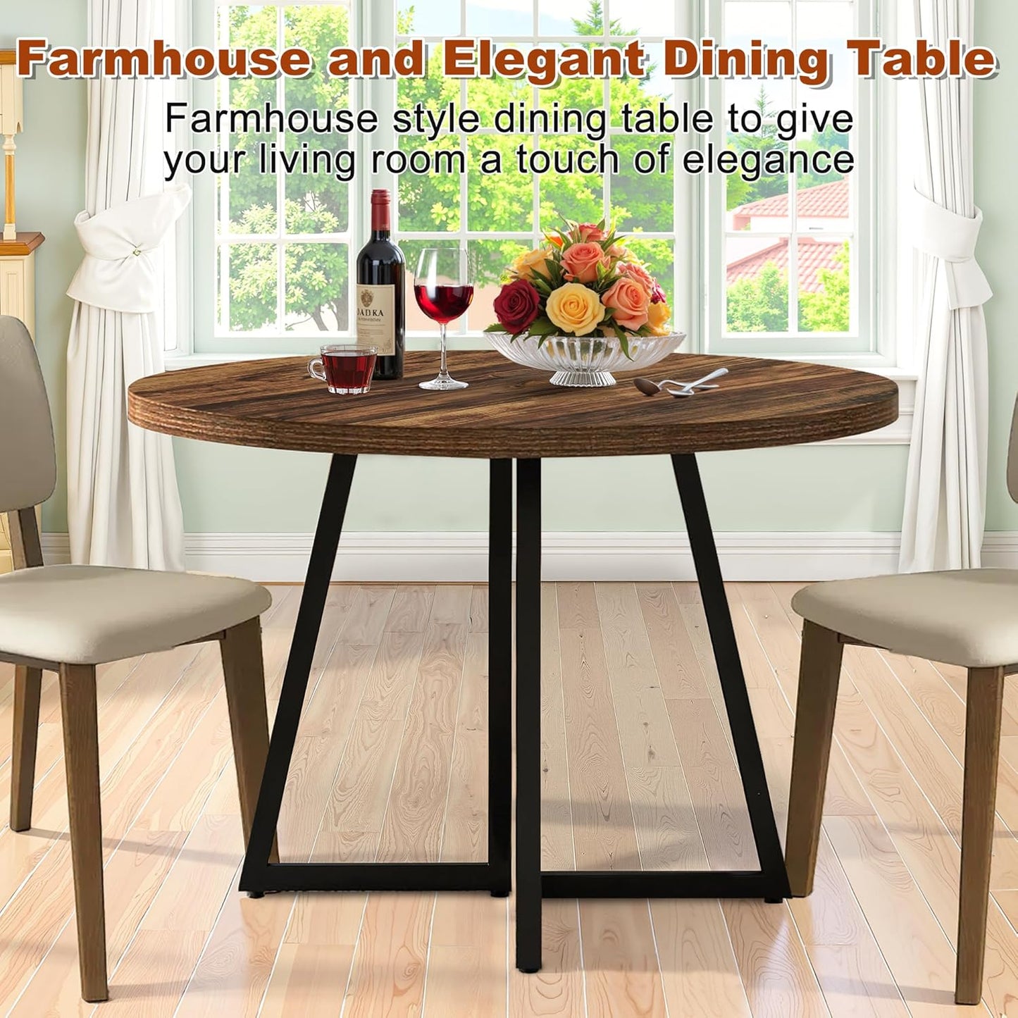 Round Dining Table for 4, 31.5-Inch Farmhouse Dinner Table Wooden Circle Kitchen Tables with Metal Base for Dining Room, Kitchen, Living Room, Brown