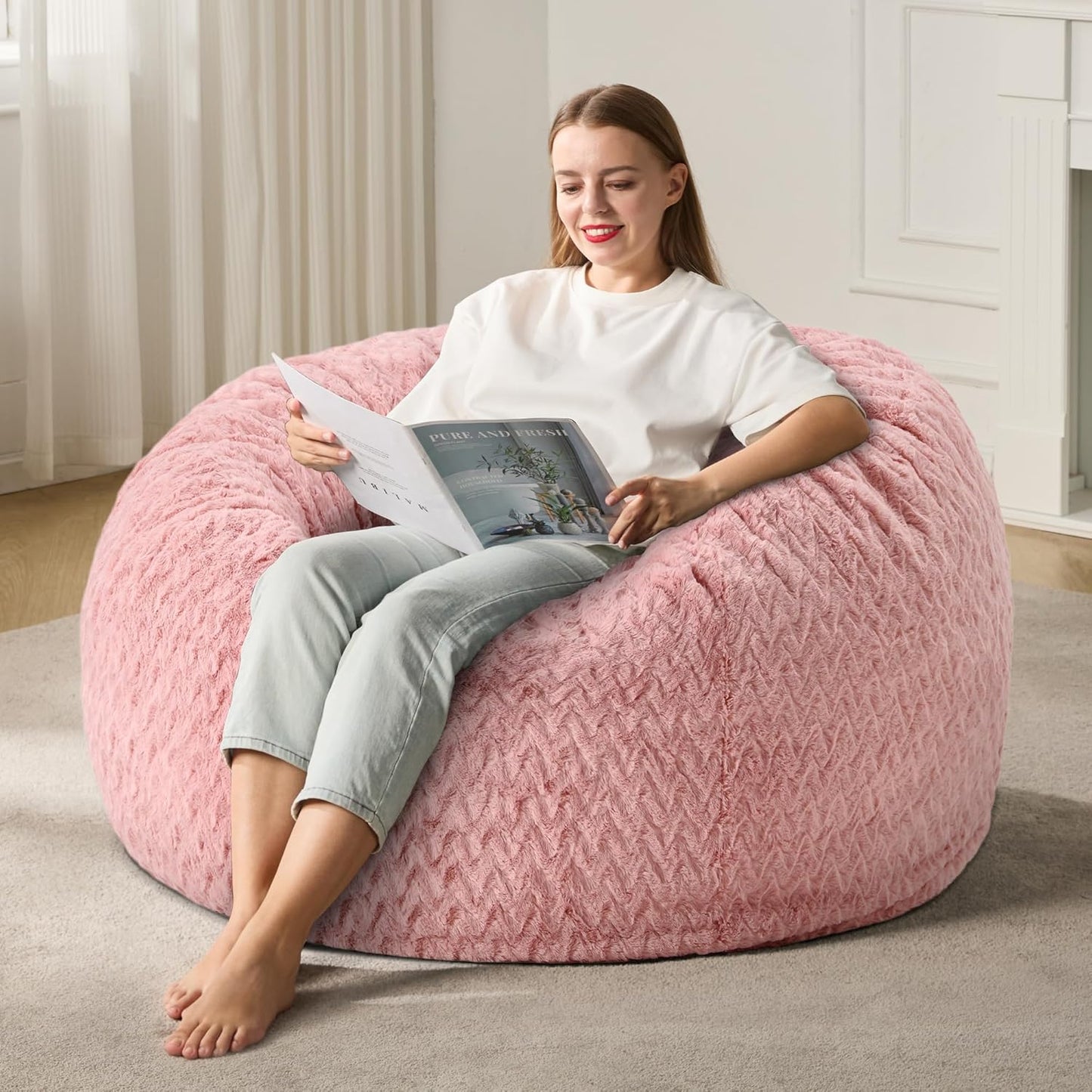 3ft Bean Bag Chairs for Adults Large Beanbag Chair with Chevron Plush Fur Cover Big Bean Bag Chair for Living Room Bedroom Dorm (Pink)