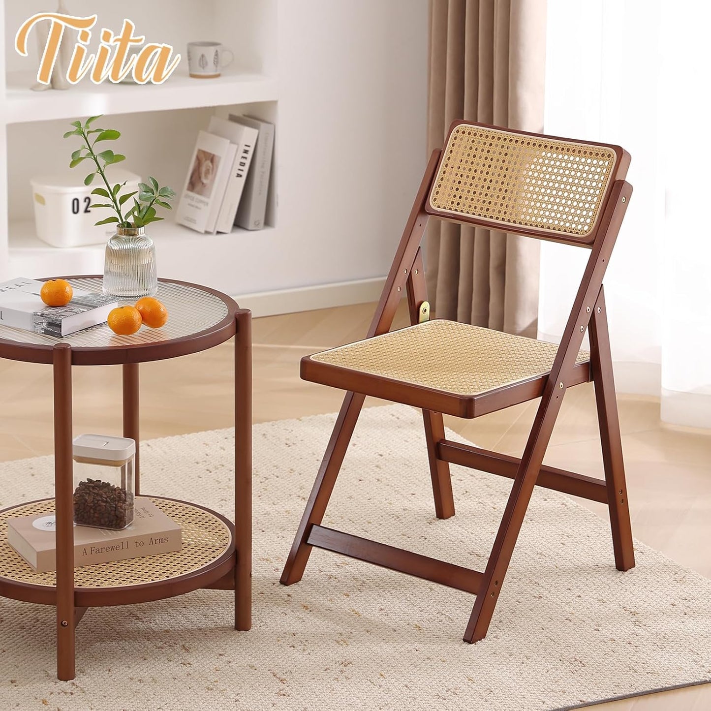 Tiita Rattan Dining Chairs Set of 1, Mid Century Modern Folding Chair, Bamboo Folding Dining Chairs for Small Space, Dining Room, Living Room, Bedroom, Walnut