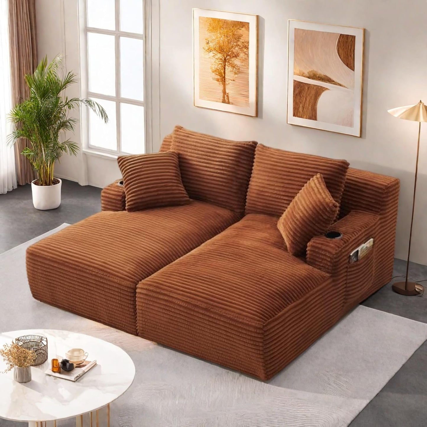 Oversized Sectional Double Chaise Lounge, Compressed Boneless Lounge Chaise with Cupholders, Boneless Sofa with Deep Seat, Fluffy Modern Sleeper Loveseat for Indoor Living Room, Orange