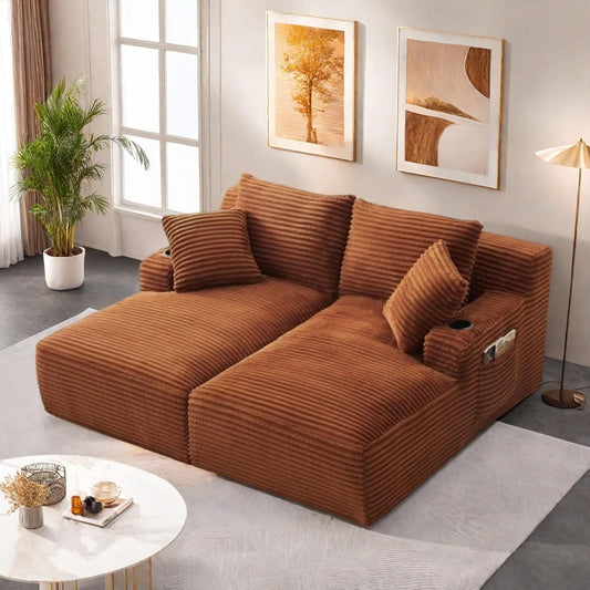 Oversized Sectional Double Chaise Lounge, Compressed Boneless Lounge Chaise with Cupholders, Boneless Sofa with Deep Seat, Fluffy Modern Sleeper Loveseat for Indoor Living Room, Orange
