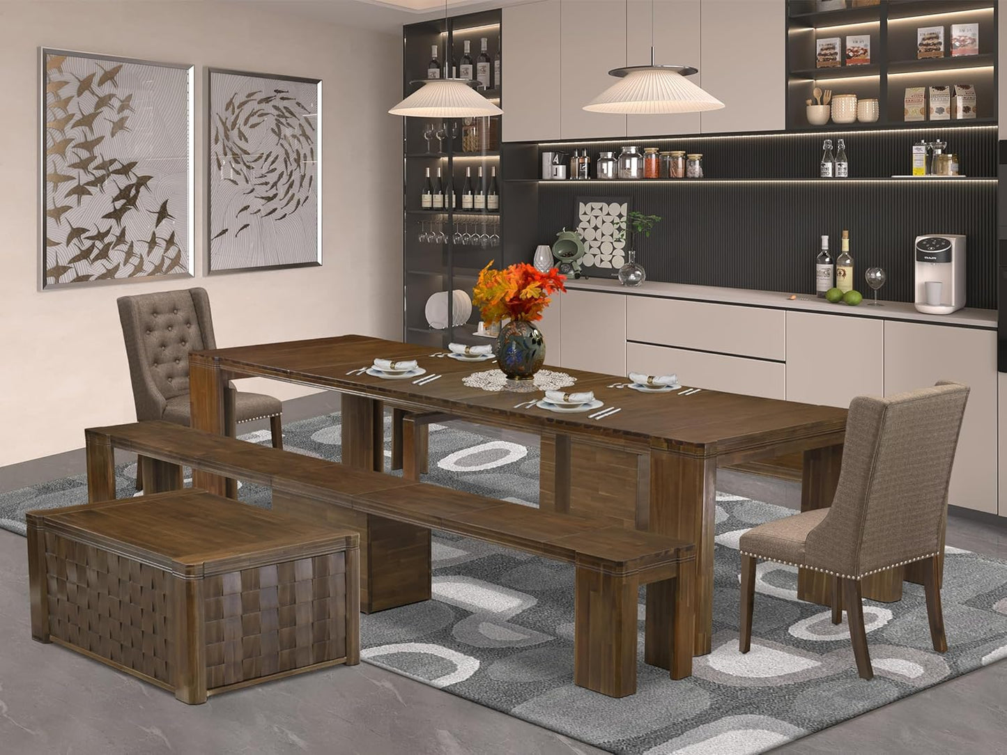 X02FO-2C8-18 - 6 Pieces Dining Table Set includes an Extendable Rectangle Kitchen Table, 1 Coffee Table, 2 Dining Chairs and 2 Modern Benches, 39x120 Inch, Antique Walnut