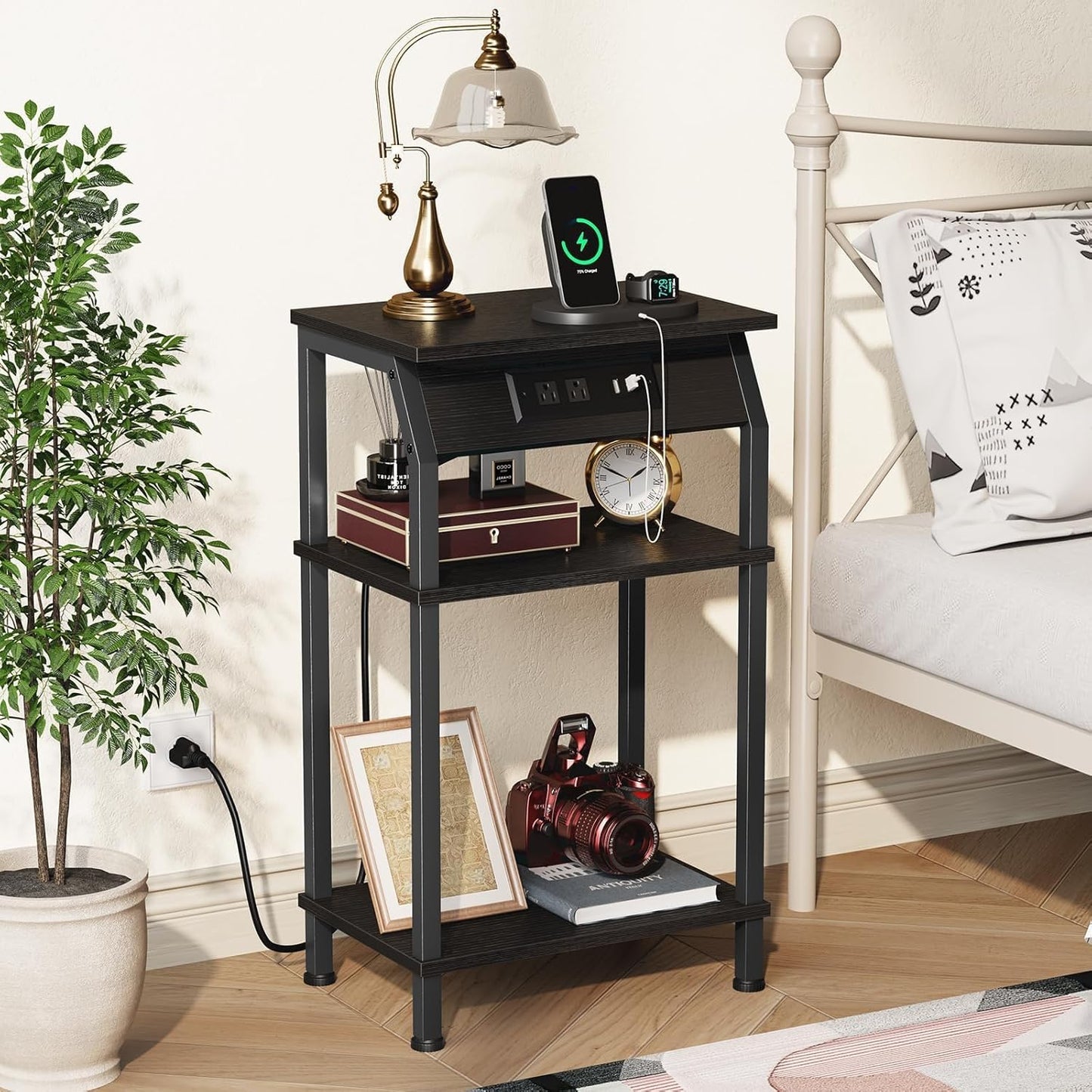Tall End Table with Storage, 3-Tier Small Bedside Table with Charging Station, Narrow Side Table Stand, Space-Saving Nightstand for Living Room, Bedroom,Office, Black