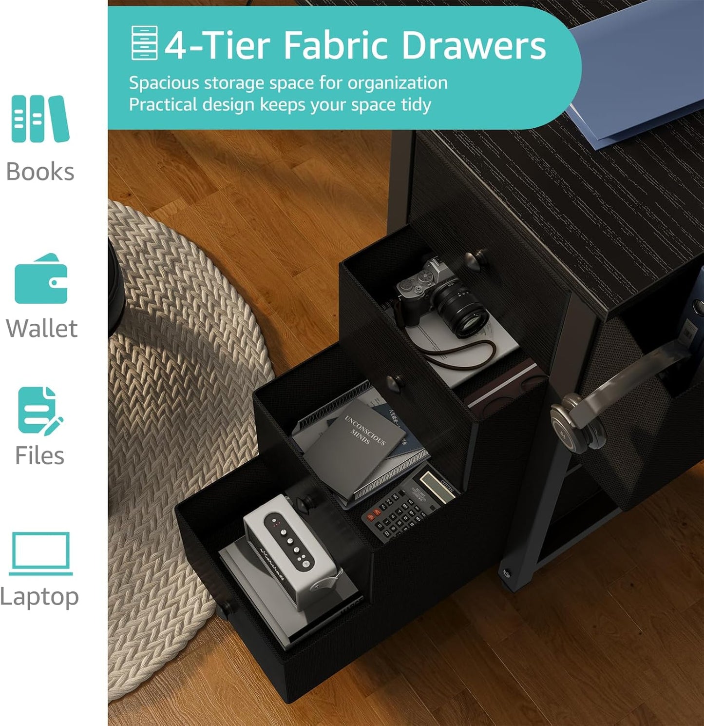 Lufeiya L Shaped Gaming Desk with Drawers & Storage Shelves, 63 Inch Corner Computer Desk with Power Outlet for Home Office Bedroom, L-Shaped Teen PC Desks with Fabric Drawer, Black