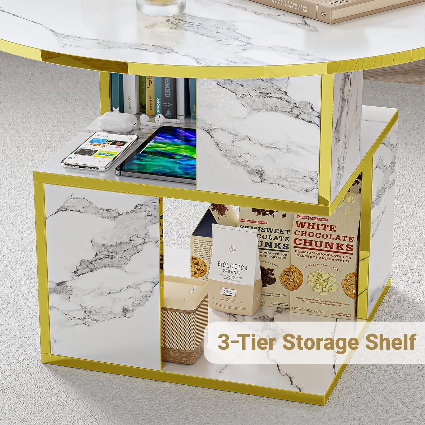 Elephance Round Coffee Table with Storage,3-Tier Coffee Table for Living Room,Wooden Tabletop-Marble White with Gold Frame