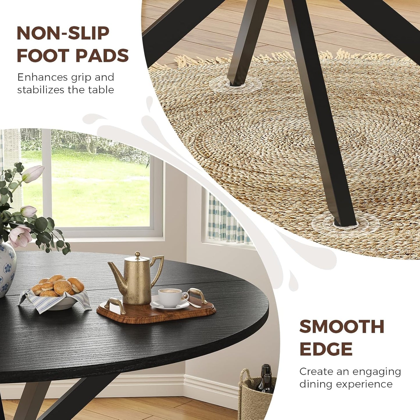 Unovivy 47" Round Dining Table for 4-6, Space Saving Circle Kitchen Dinner Table, Industrial Mid Century Modern Dining Room Desk for Kitchen, Apartment, Black