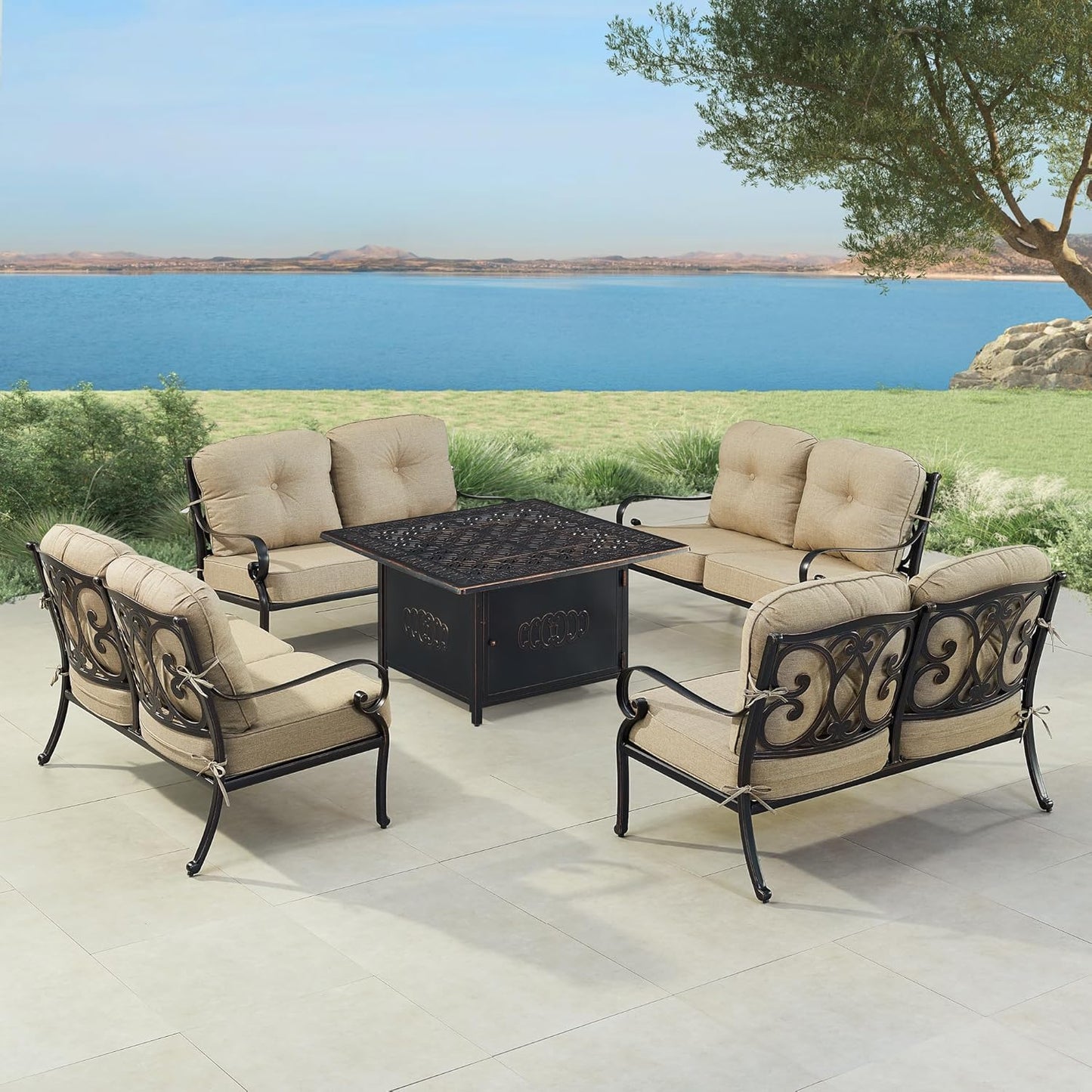 Oakland Living Black Aluminum Patio Fire Table Set with Four Deep Seating Loveseat, Cushions and Wind Blocker