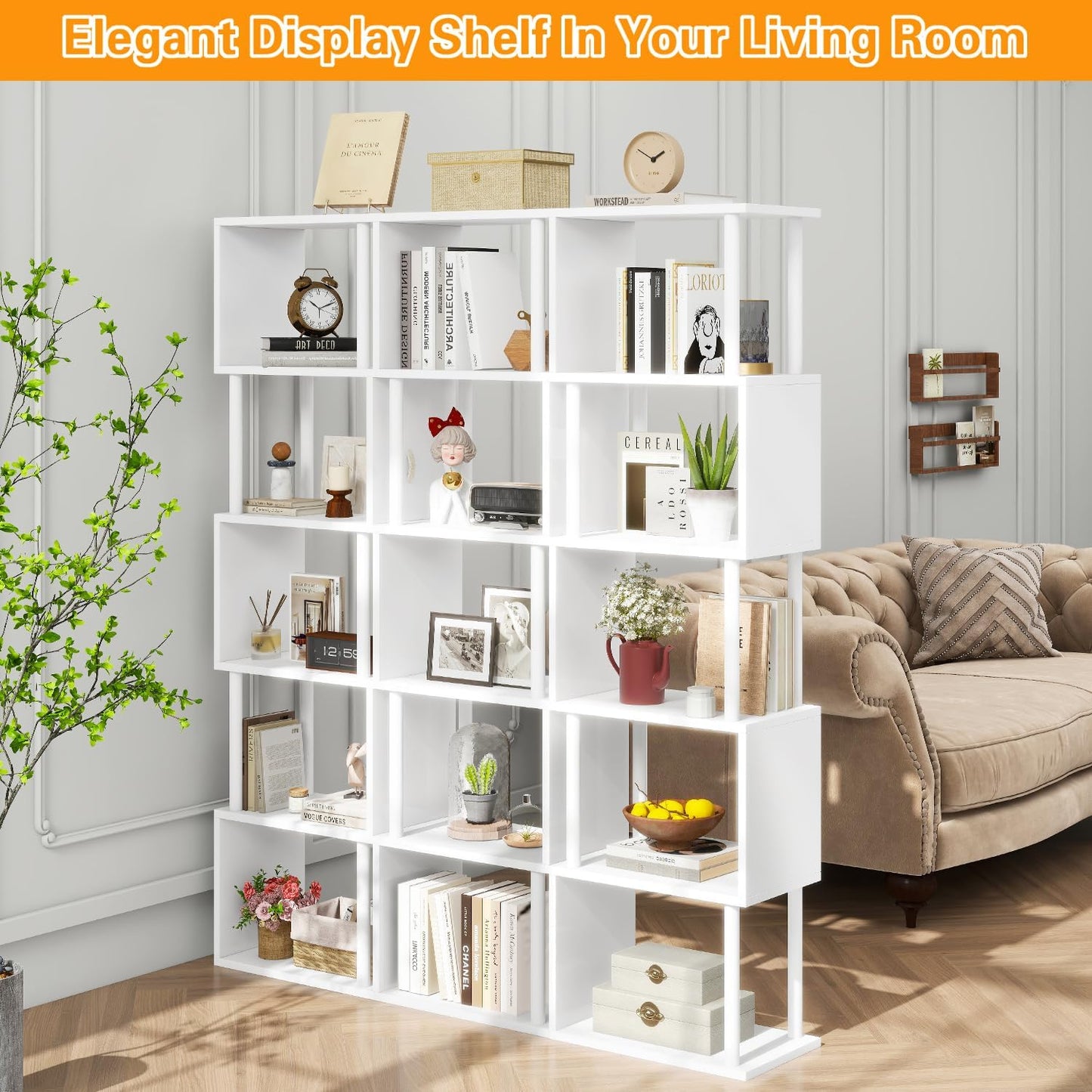 IBUYKE 6-Tier Tall Bookshelf,S-Shaped Geometric Bookcase, Wood Display Shelves with Storage,Modern Bookshelf for Living Room Bedroom, Home Office, White WBC016W