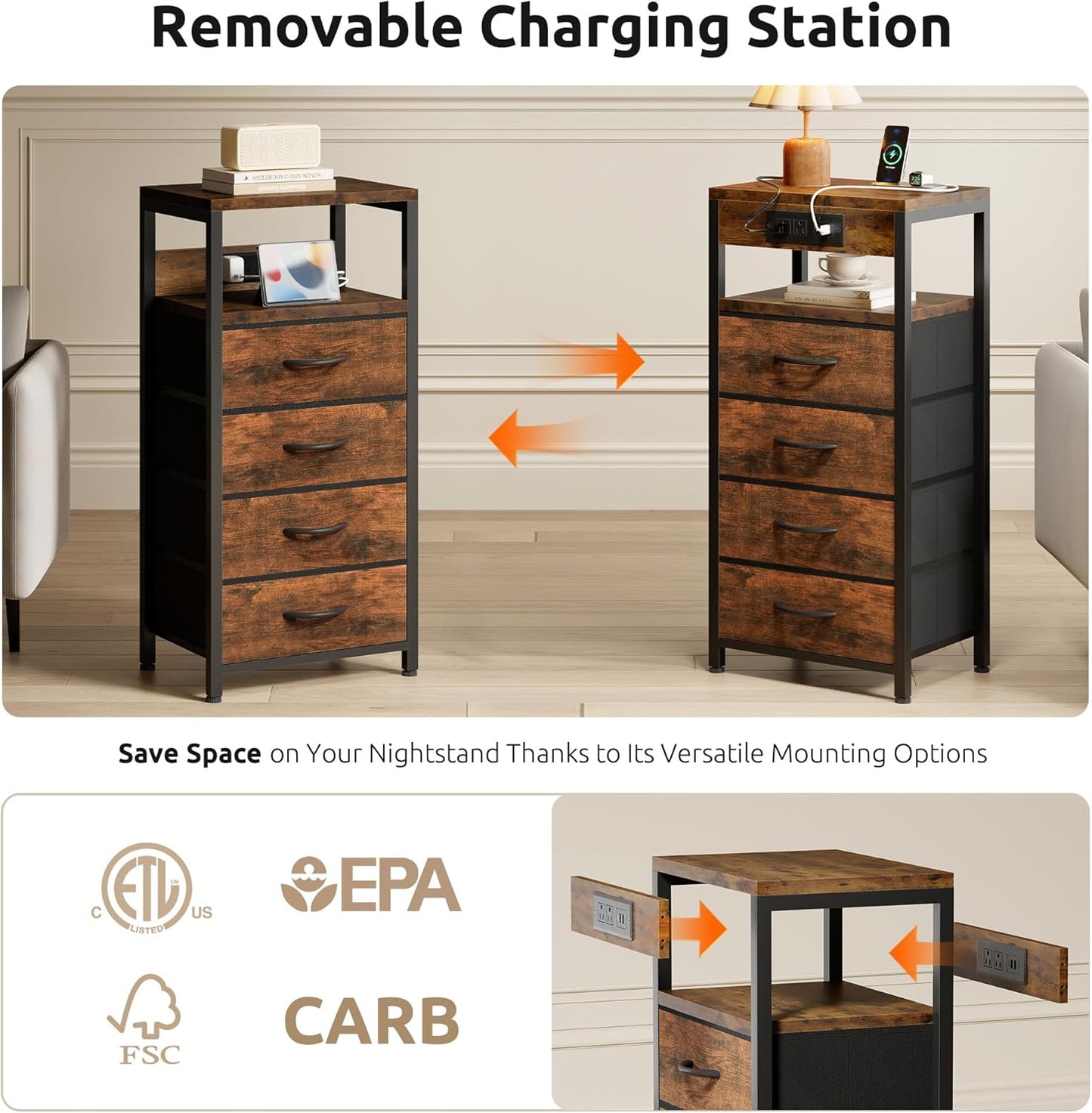 NightStand Bedside Charging Table Bedroom - Night Stand with Charger Station, Modern Nightstand with Open Shelf & 4 Fabric Drawers, Bed Side Table with USB-C USB Ports & AC Outlets for Dorm