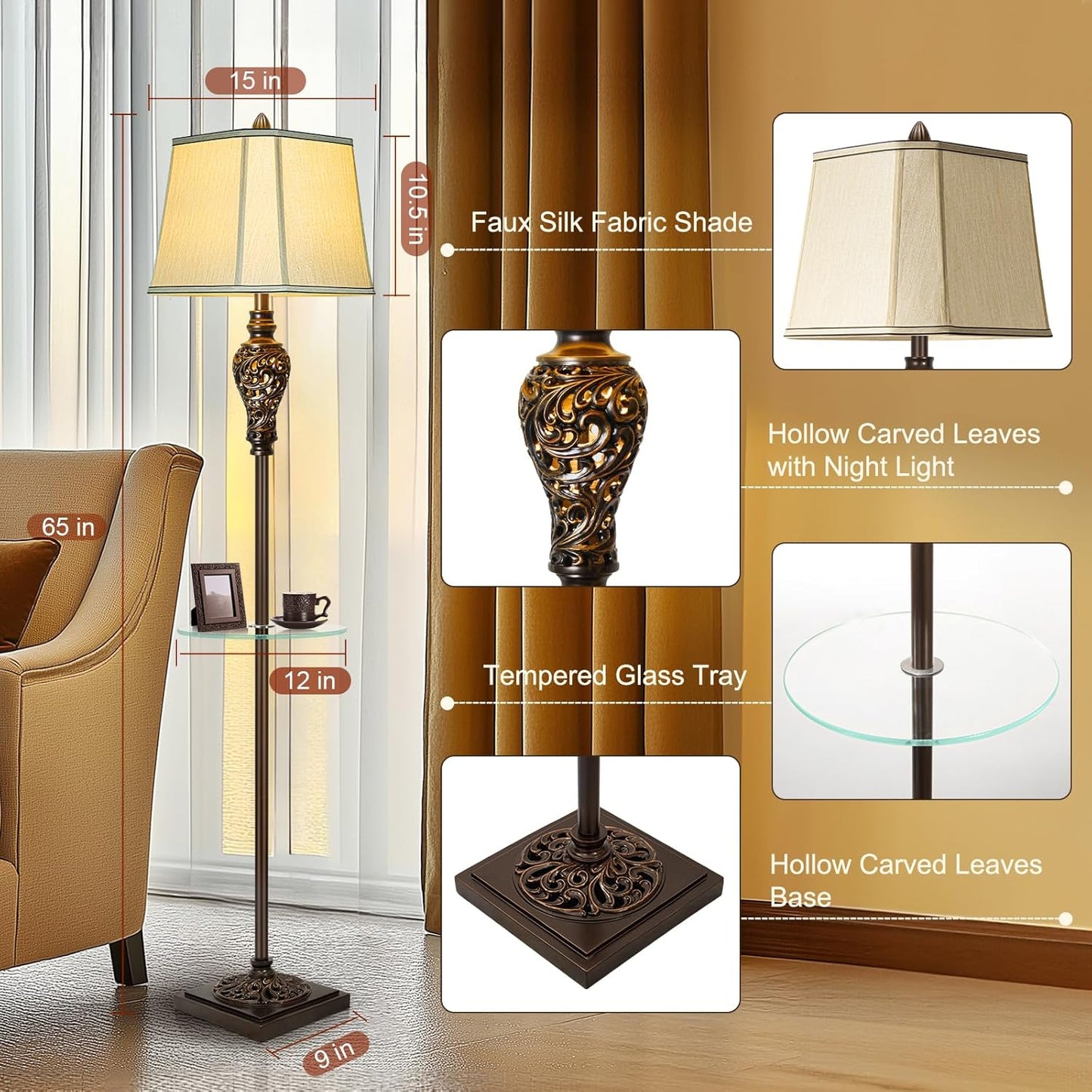 Rustic Floor Lamp for Living Room with Nightlight and Glass Tray, Vintage Standing Lamp with Beige Faux Silk Shade, Farmhouse Tall Lamp for Bedroom Study Home Office Hotel Bar - Brown (Bulb Included)