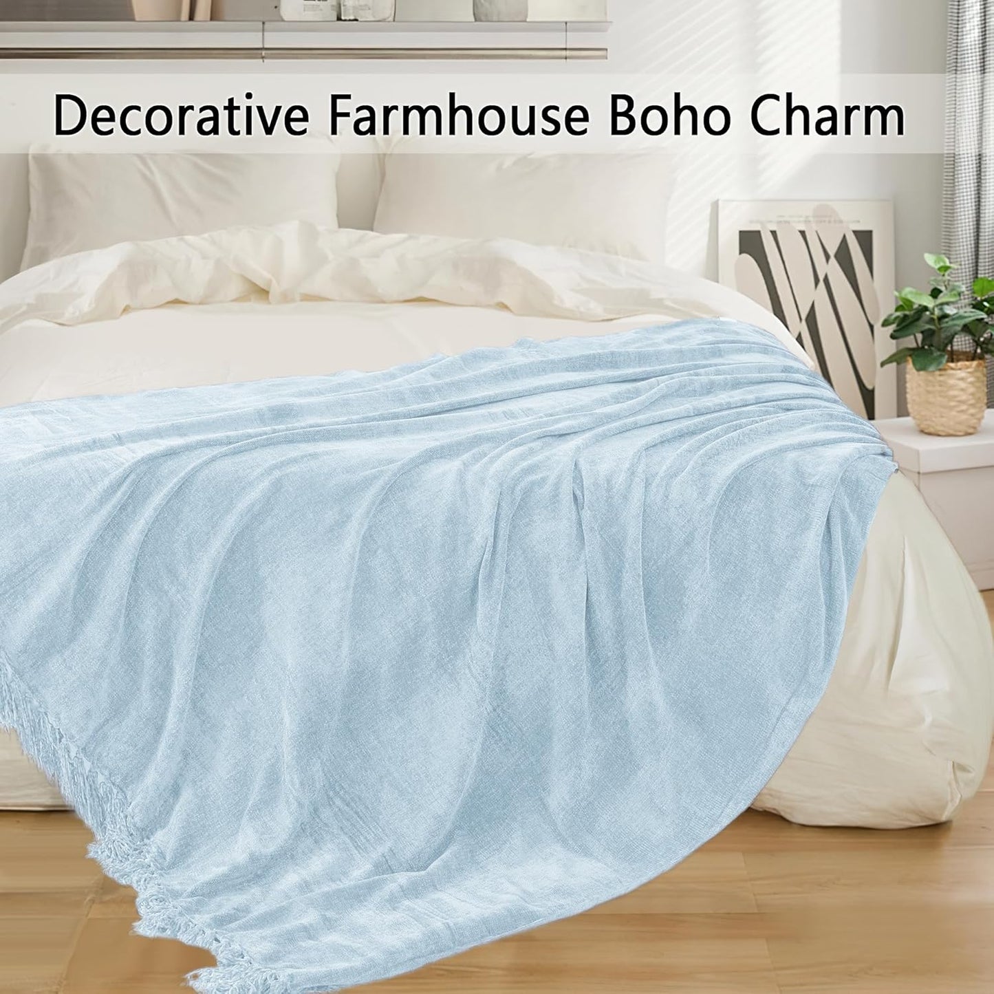 Chenille Throw Blanket for Couch 50"X 60", Soft Cozy Throws with Fringe Tassel for Bed Sofa Chair Cover, Lightweight Knitted Decorative Boho Blankets for Living Room, Light Blue