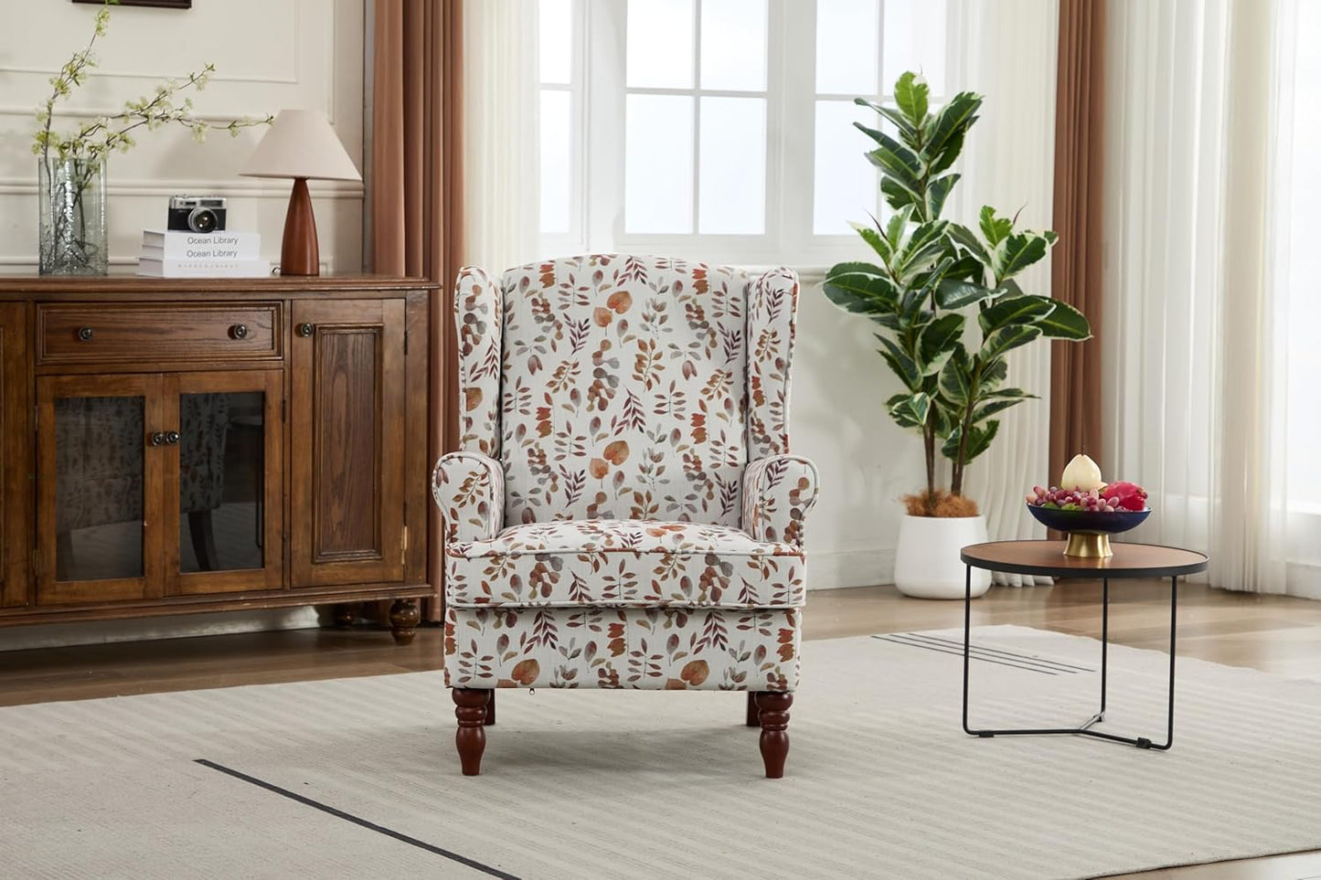 Ball & Cast Modern Accent Chair,Comfy Upholstered Armchair with Retro Wood Legs,Floral Design Single Sofa Chair,Living Room Furniture for Apartment,Bedroom,Office,Linen Fabric,Floral Yellow