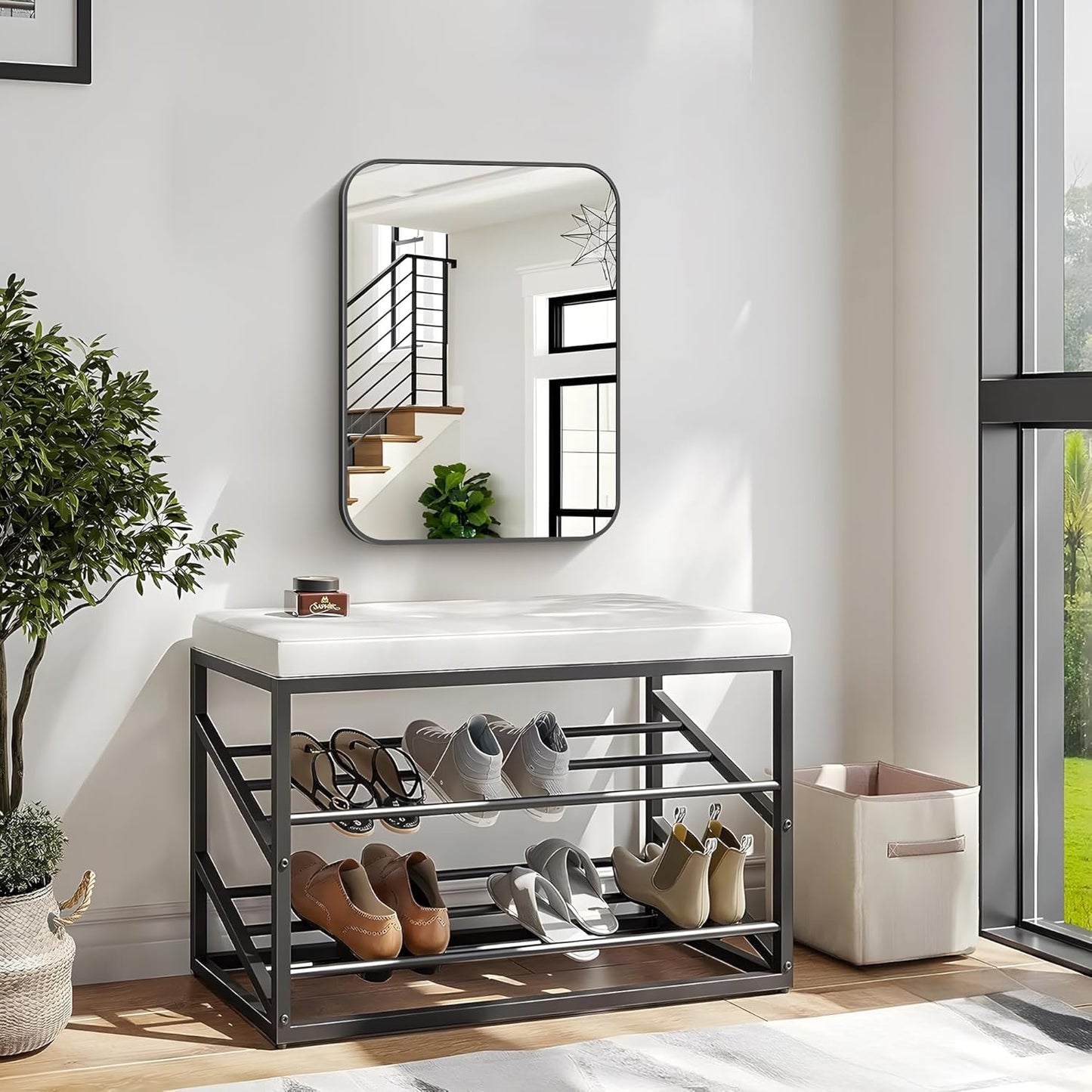 Bathroom Mirror, 18 x 24 inch Metal Framed Black Rectangle Mirror, Rounded Corner Rectangular Vanity Mirror, Wall Mounted Mirror for Modern Bedroom Living Room Hangs Horizontal or Vertical