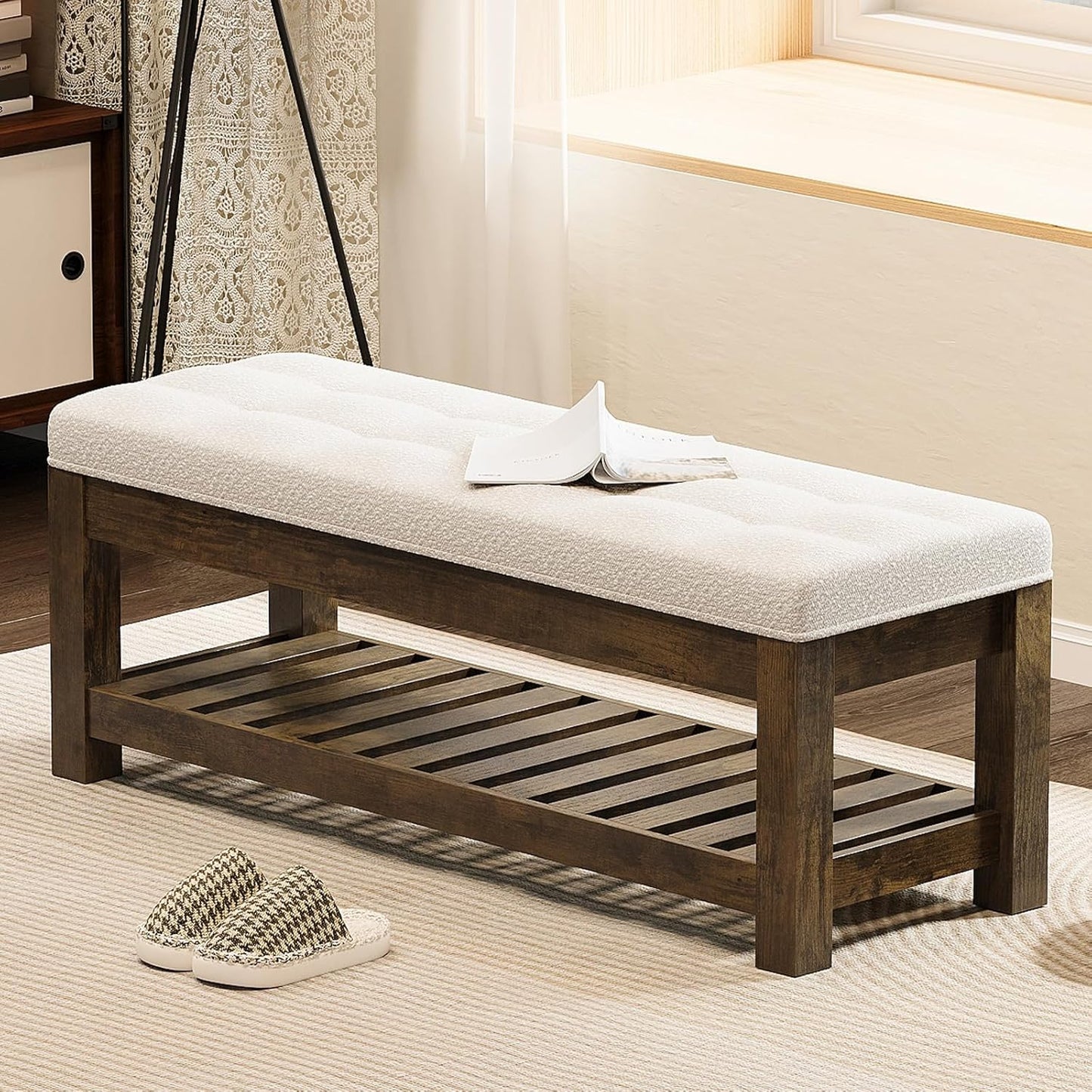 Large Upholstered Ottoman Bench Entryway Storage Benches Tufted Linen Ottoman Bench with Solid Wood Shelf Padded End of Bed Bench for Bedroom Living Room Hallway Decor