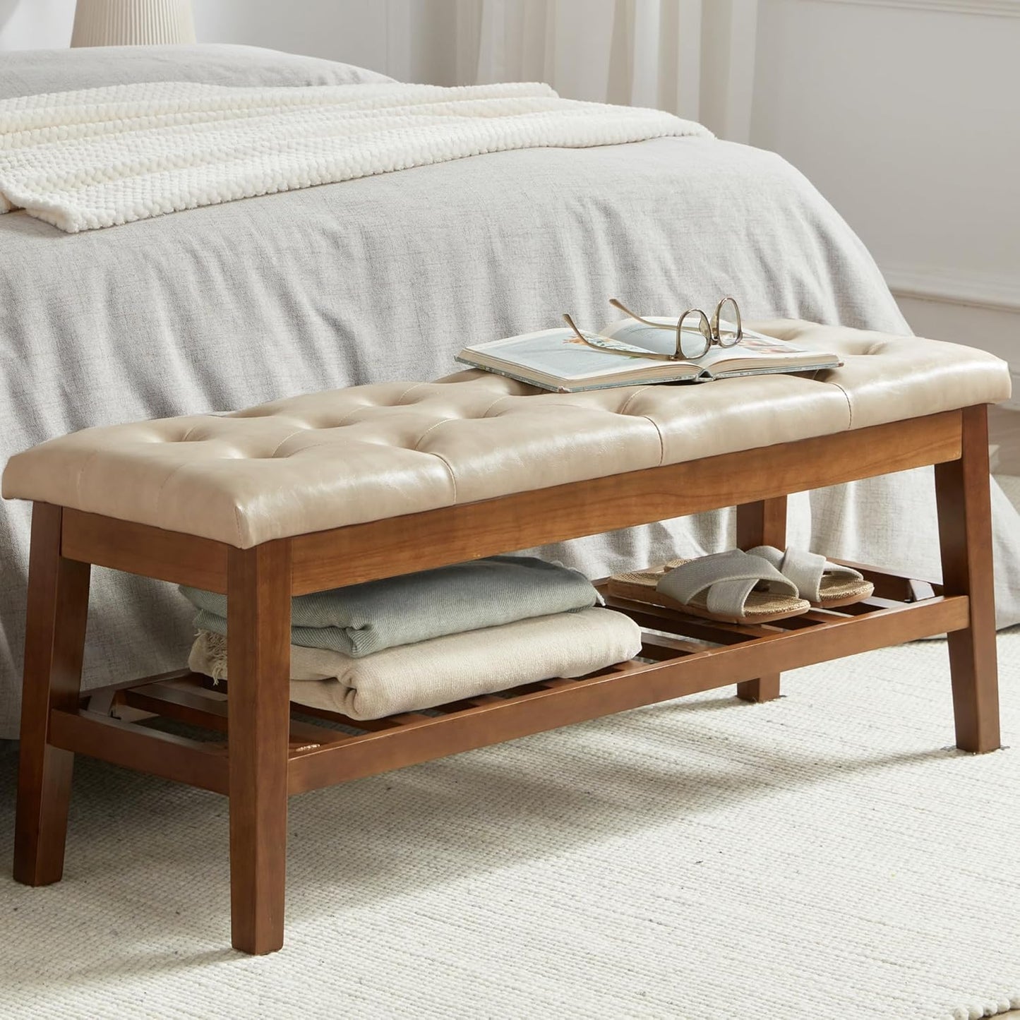 Upholstered Shoe Bench Entryway Bench for Bedroom, End of Bed, Ottoman Bench Tufted Padded Seat with Solid Wood Shelf for Living Room, Faux Leather Ivory