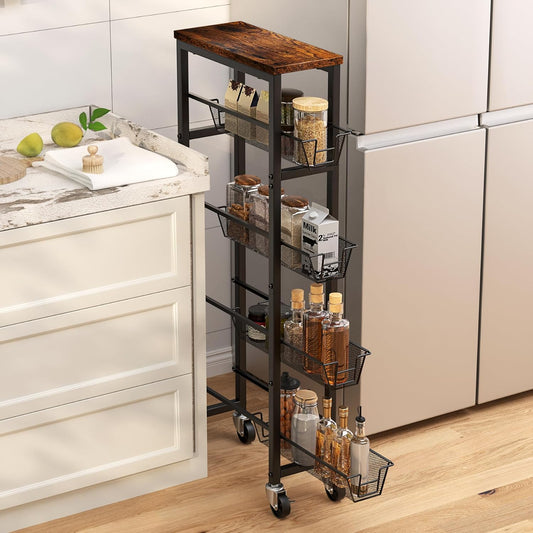 Honest Slim Storage Cart 5-Tier Slim Rolling Cart with Metal Frame and Wooden Top, 6.3 Inches, for Kitchen, Dining Room, Living Room, Bathroom, Home Office, Rustic Brown and Black