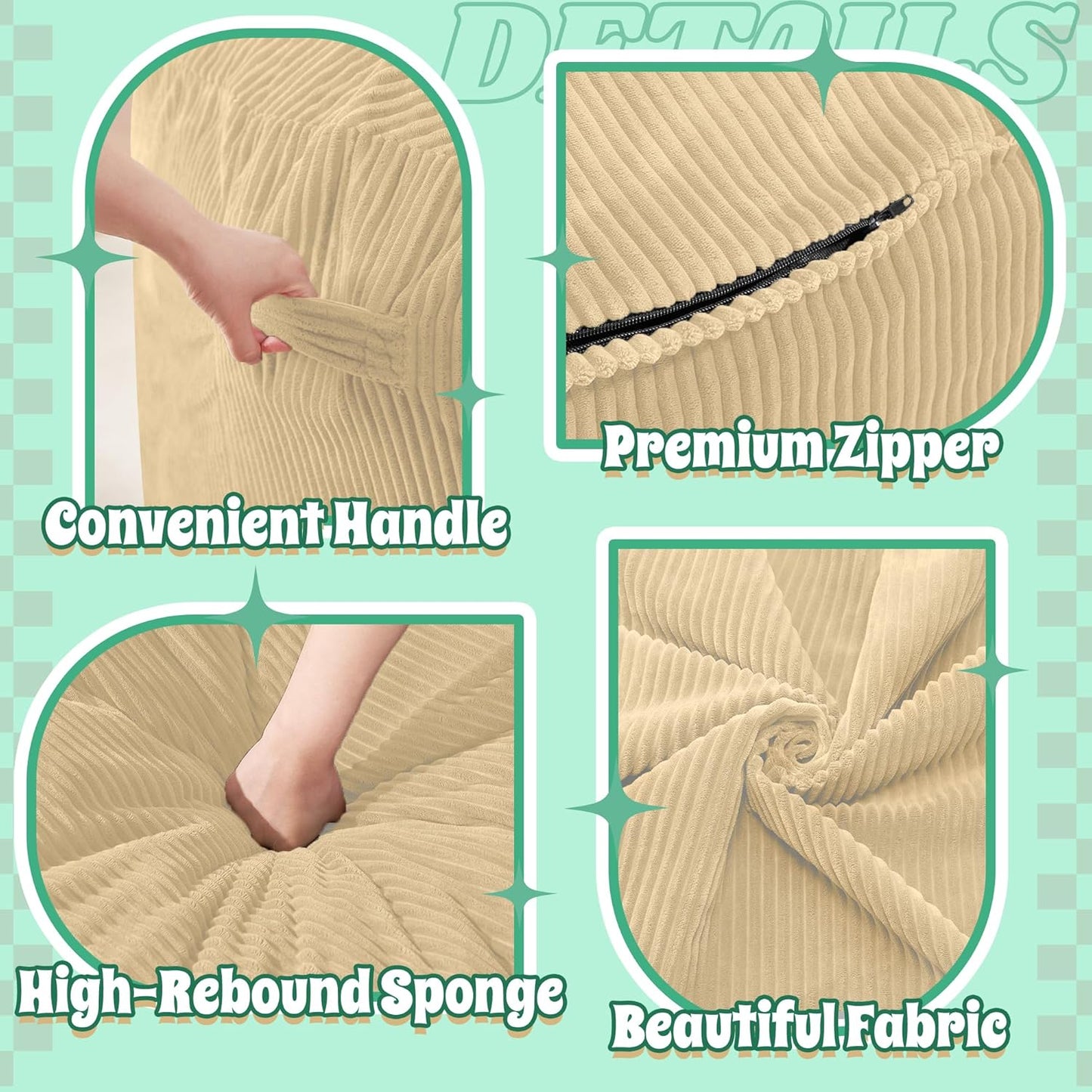 HABUTWAY 4FT Bean Bag Chair,Giant Bean Bag Chairs for Adults,Big Bean Bags with Memory Foam Filled, Large Beanbag Chairs with Soft Corduroy Cover-Khaki