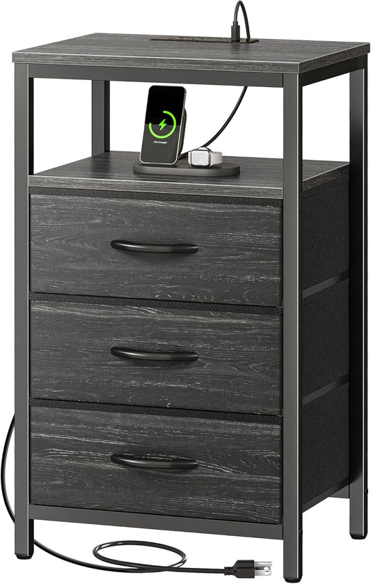 Huuger Nightstand with Charging Station, 27.6 Inch End Table Bedside Table with USB Ports and Outlets, Night Stand for Bedroom, Fabric Drawers, Charcoal Black Wood Grain Print
