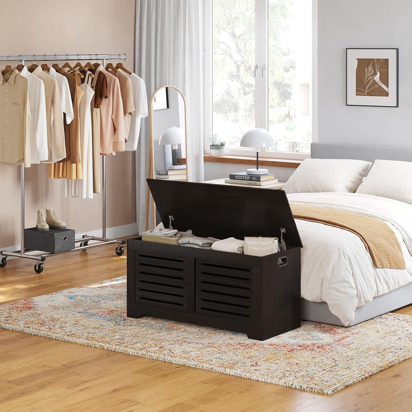 DINZI LVJ Storage Chest, 43.3” Wooden Toy Box with 2 Safety Hinges, Retro Entryway Shoe Storage Bench with Flip-Top, Sturdy Large Storage Trunk for Living Room, Bedroom, Easy Assembly, Espresso