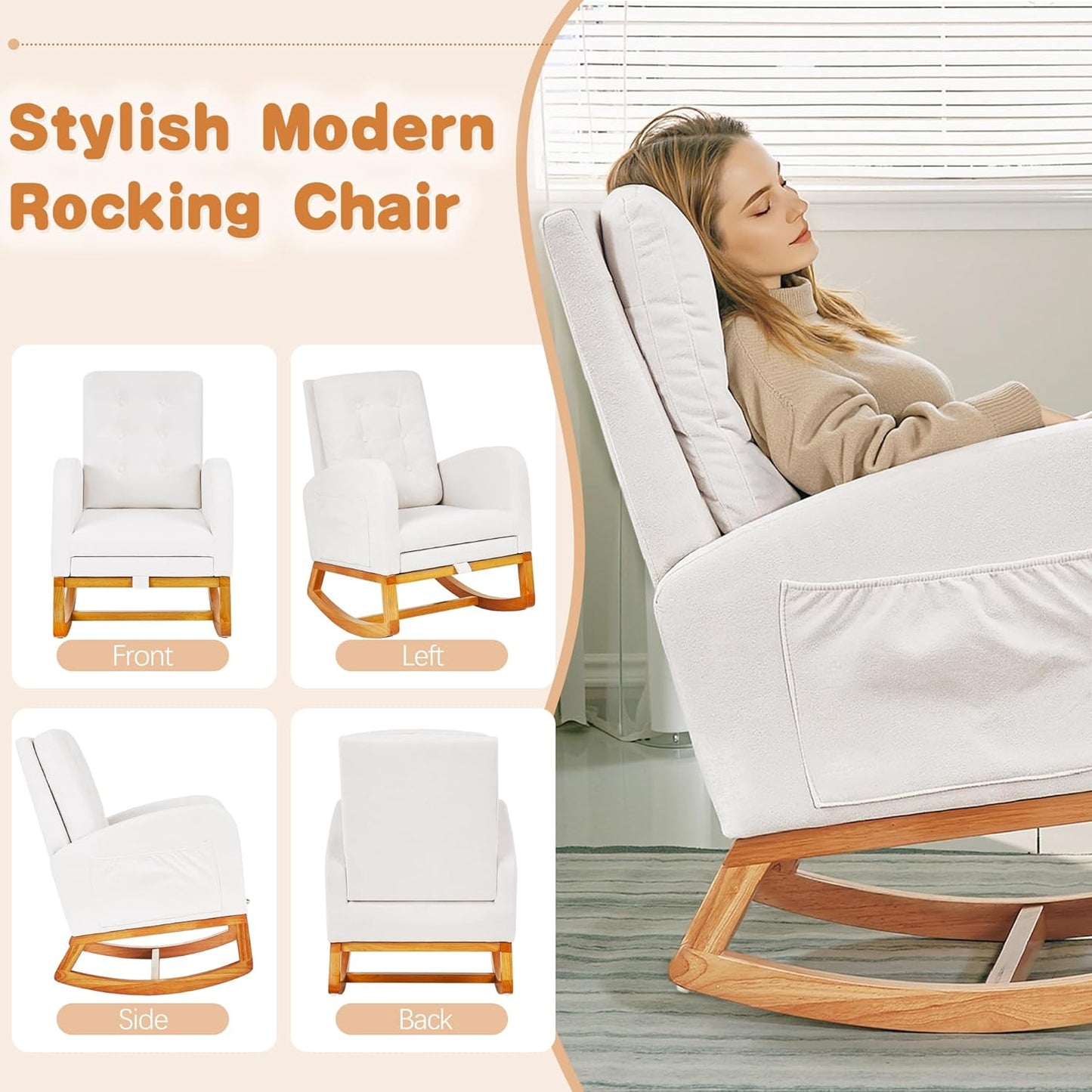 VECELO Rocking Chair Nursery, Modern Sherpa Glider Rocker Accent Arm Chair with High Back and Side Pocket, Cozy Rocking Armchair for LivingRoom, Bedroom, White