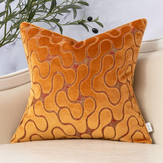 Yangest Orange Yellow Square Throw Pillow Cover Wavy Velvet Cushion Cover Modern Zippered Pillowcase for Sofa Couch Bedroom Living Room Chair, 18 x 18 Inch