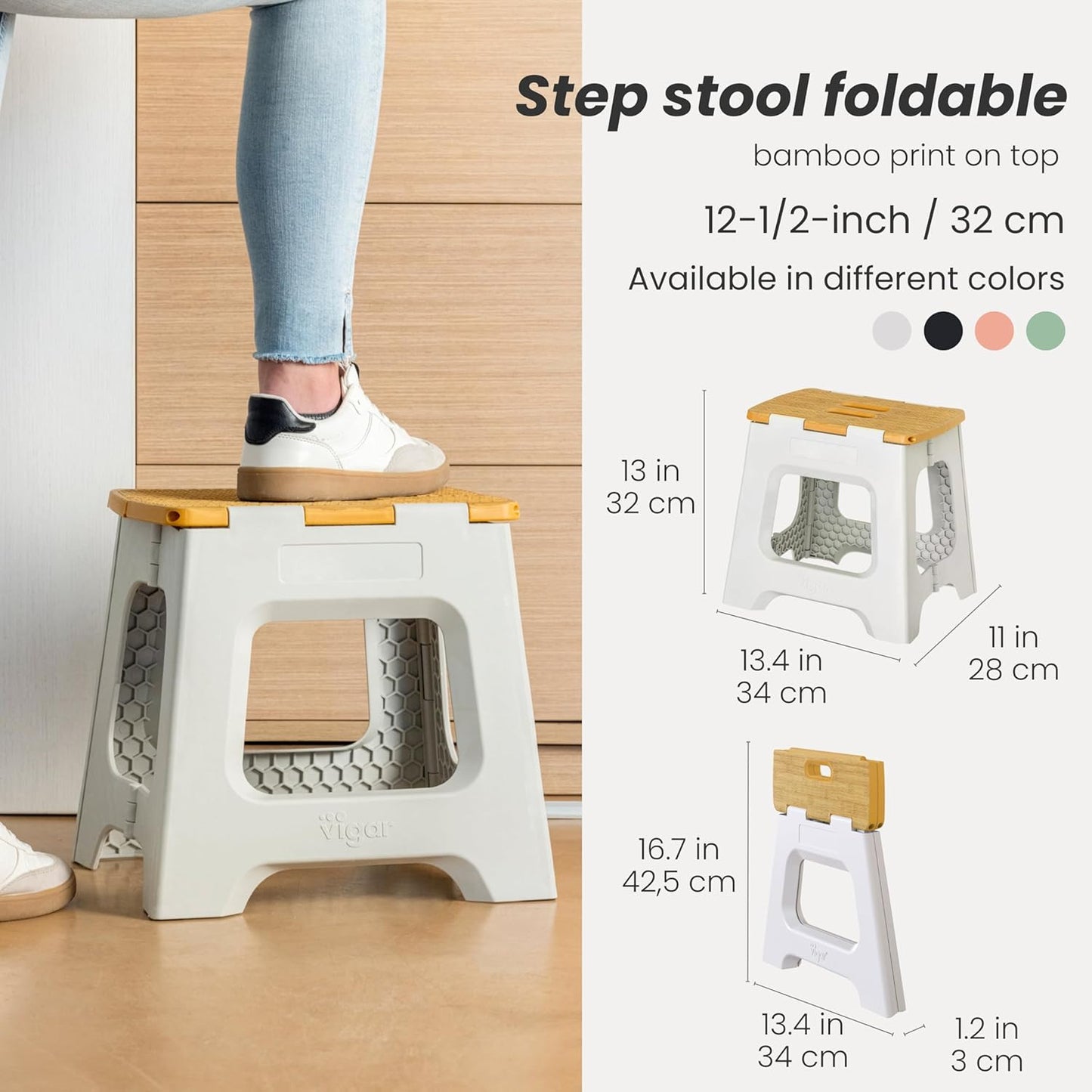 Vigar Compact Step Stool Foldable, 12-1/2-inch Step Stools for Adults up to 330 Pound, Lightweight Stool, Non-Slip Folding Step Stool, Grey, Bamboo Print on Top