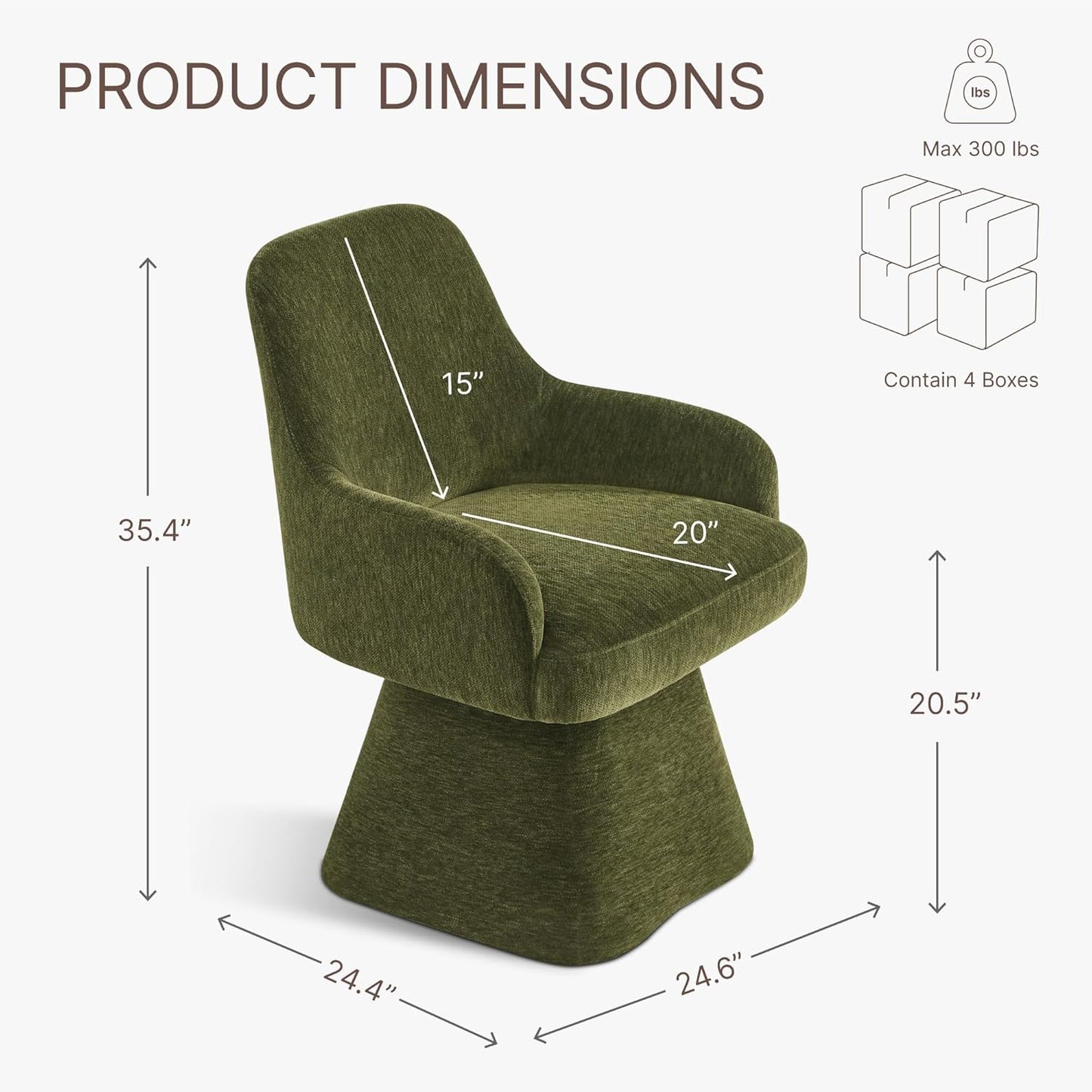 Swivel Dining Chairs Set of 4, Mid Century Modern Chairs Fabric Upholstered Armchair with Armrest & Ergonomic Backrest for Dining Room, Kitchen, Bedroom, Living Room, Green, 4 Boxs