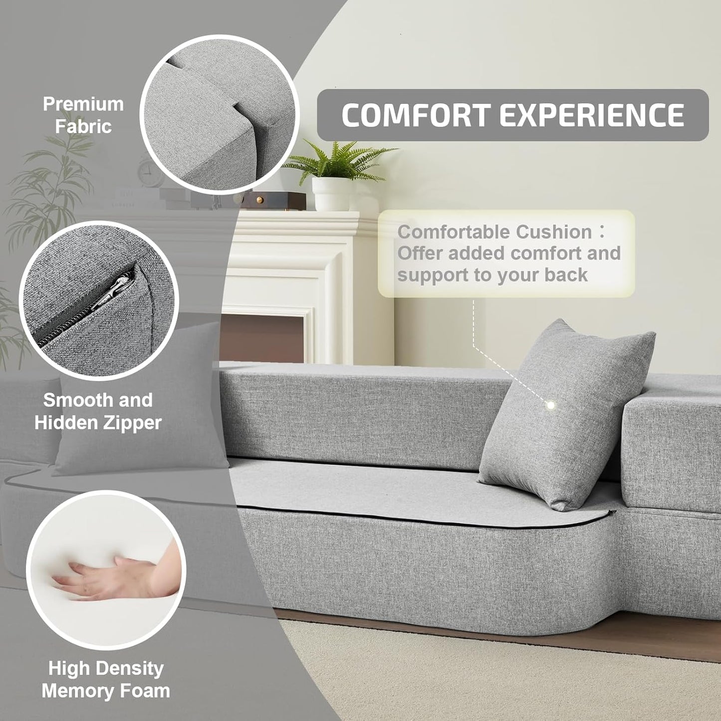 2-in-1 Folding Sofa Bed with Pillows - Folding Chair Floor Couch & Sleeping Mattress - Washable Cover & Memory Foam Sleeper Chair for Living Room/Guest Room/Apartment/Loft, Light Gray, Twin XL