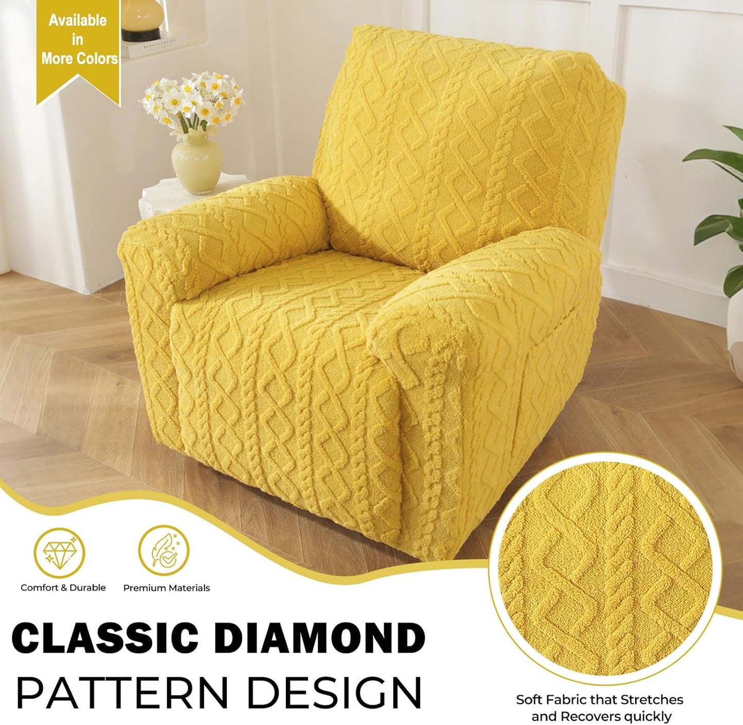 vctops 4 Pieces Geometric Jacquard Plush Recliner Slipcovers Soft Fuzzy Fluffy Sofa Couch Cover Anti-Slip Furniture Protector with Elastic Bottom for Kids Cats Dogs(Yellow,1 Seat)