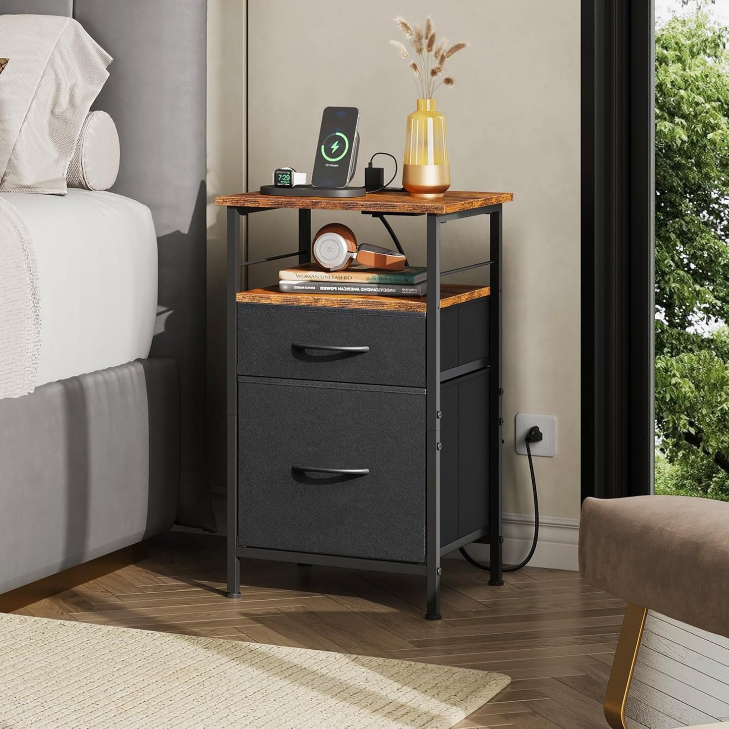 WLIVE Nightstand with Charging Station, Night Stand with 2 Fabric Drawers, Bedside Table, Small Dresser for Bedroom, Side Table with USB Ports and Outlets, Black and Rustic Brown