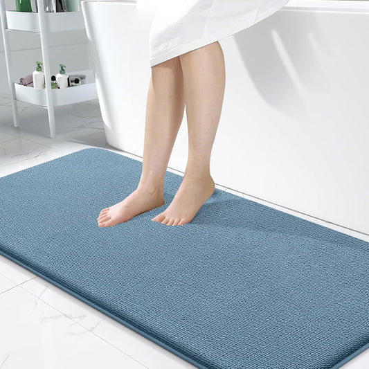 OLANLY Thick Memory Foam Bath Mat Rug 47x24, Extra Soft Absorbent Bathroom Rug, Quick Dry Bath Mats, Non-Slip, Machine Washable Carpet for Bathroom, Tub and Shower, Home Decor Accessories, Airy Blue
