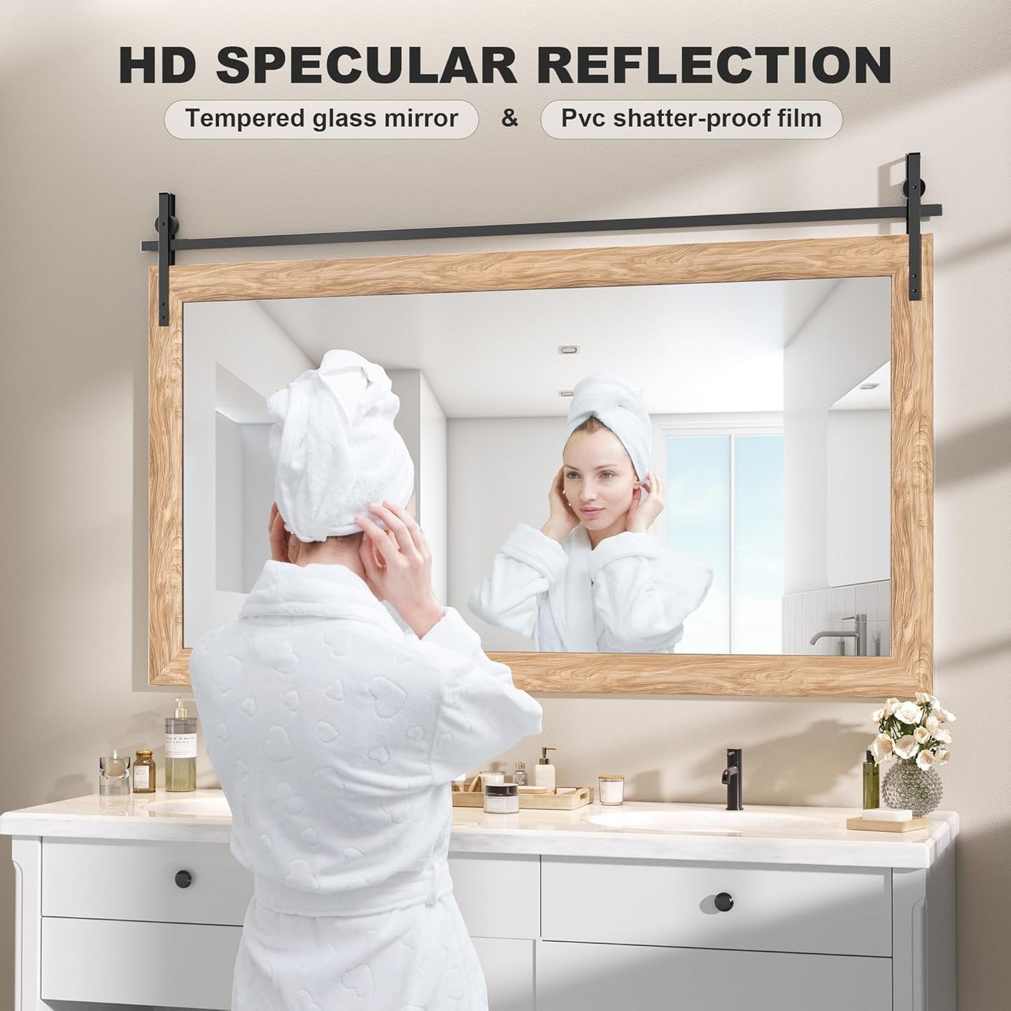 Hasipu Farmhouse Bathroom Mirror, 40"x26" Rustic Wood Framed Wall Mounted Mirror, Brown Vintage Vanity Mirror Barn Door Style Decrative Mirrors