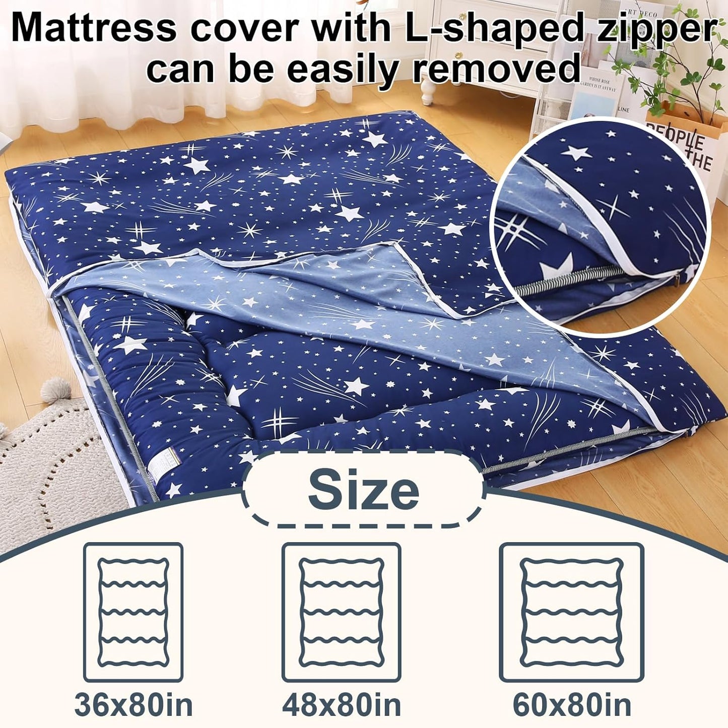 Bohemian Retro Japanese Floor Mattress, Vintage Floral Tatami Floor Mat, Portable Roll up Futon Mattress for Guest,Tavel (Starry,Full 80" X 47")