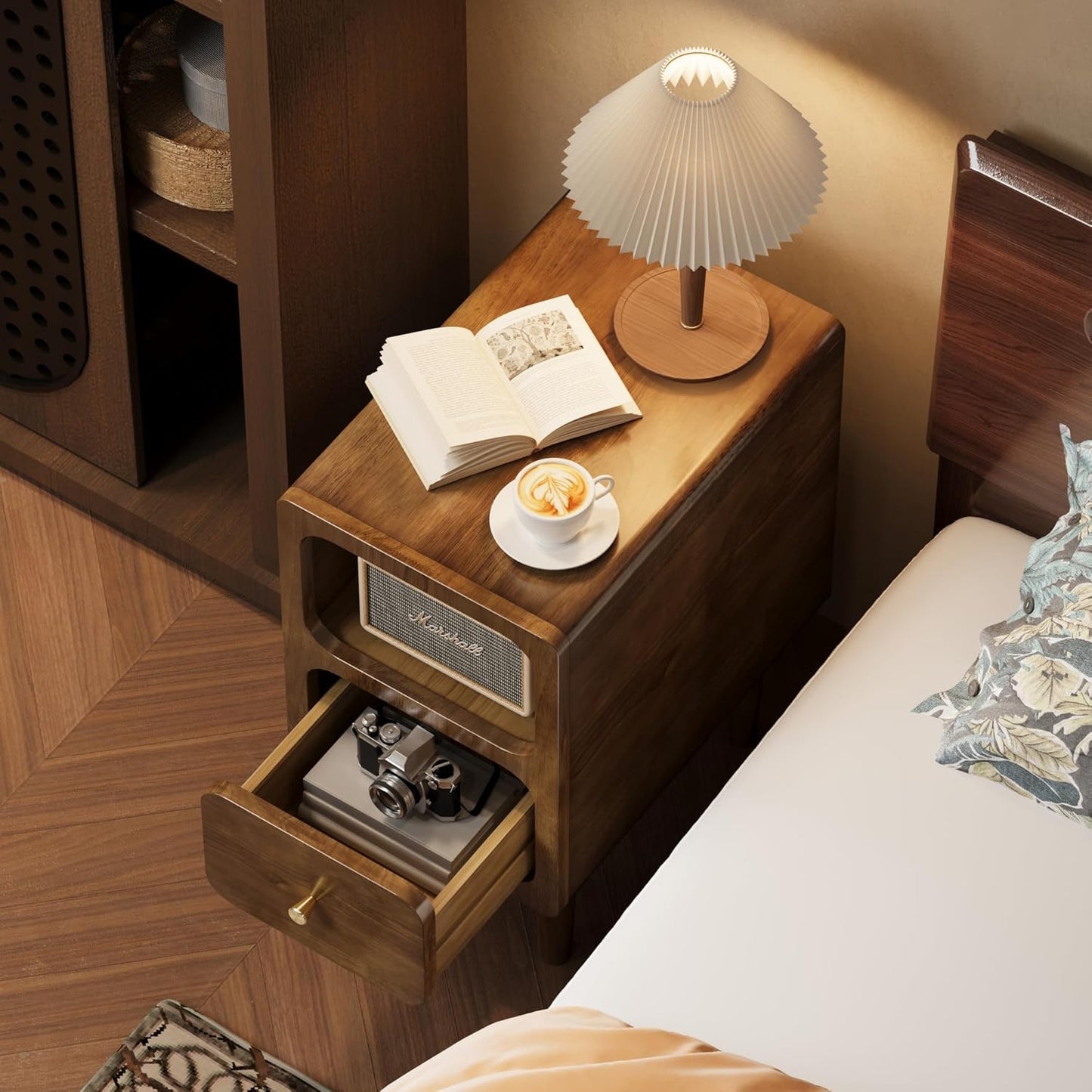 Narrow Nightstand, Solid Wood Night Stand with Drawers, Walnut Mid Century Modern Nightstand, Small Beside Table with Open Storage Shelf for Bedroom (12 inch)