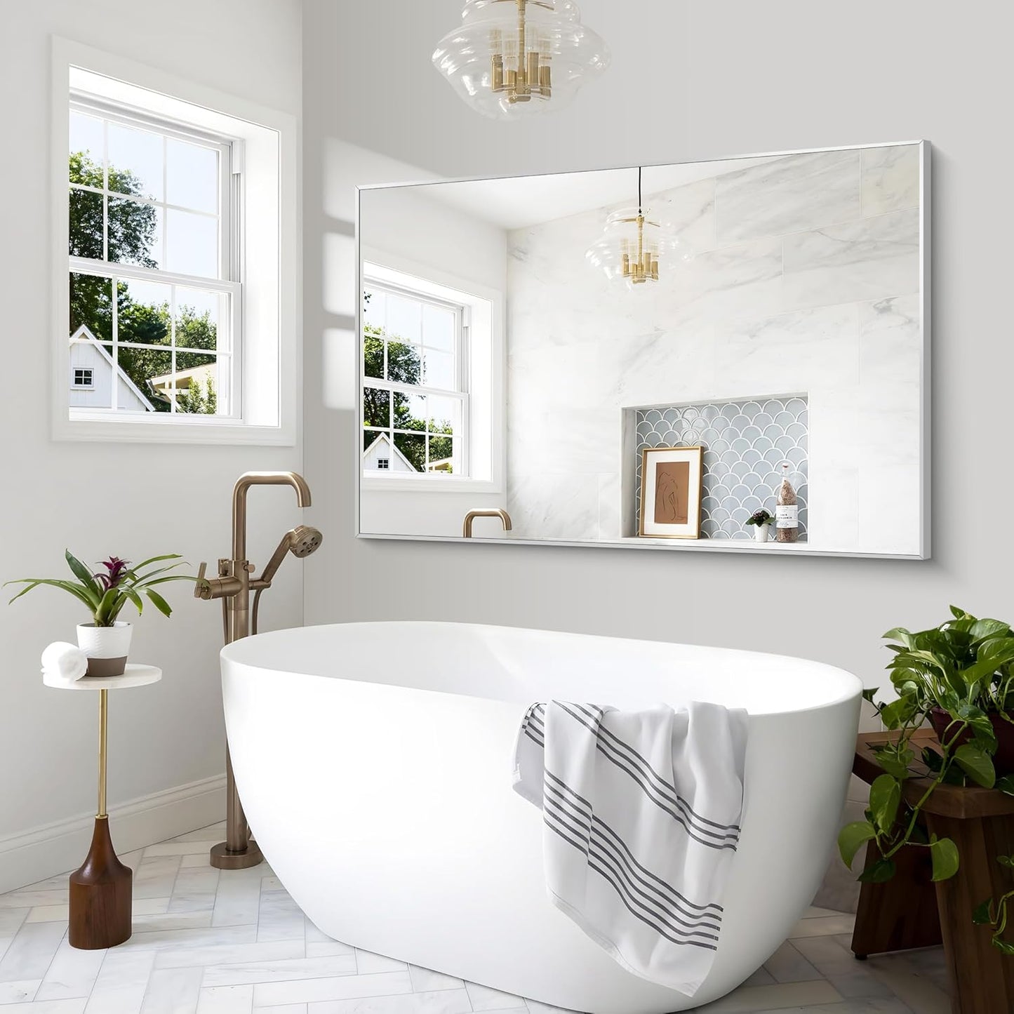 BONEWEI Silver Bathroom Mirror,60x40 inch Wall Mirror for Bathroom Wall Mounted,Large Rectangle Mirror for Bathroom Over Sink,Modern Metal Frame for Living Room,Bedroom Entryway,Horizontal/Vertical