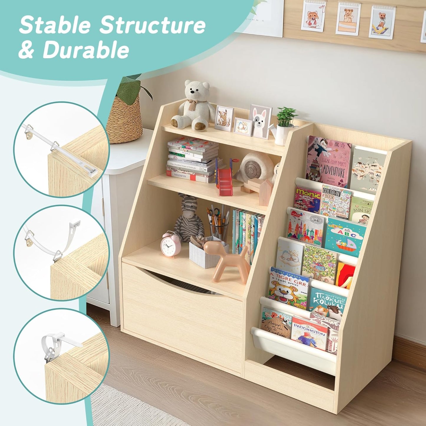 TOETOL 3 Tier Kids Bookshelf and Book Storage，6 Sling Toddler Bookshelf, Storage Boxes Book Shelf & Organizer for Nursery Playroom Classroom Library Bedroom Natural Wood