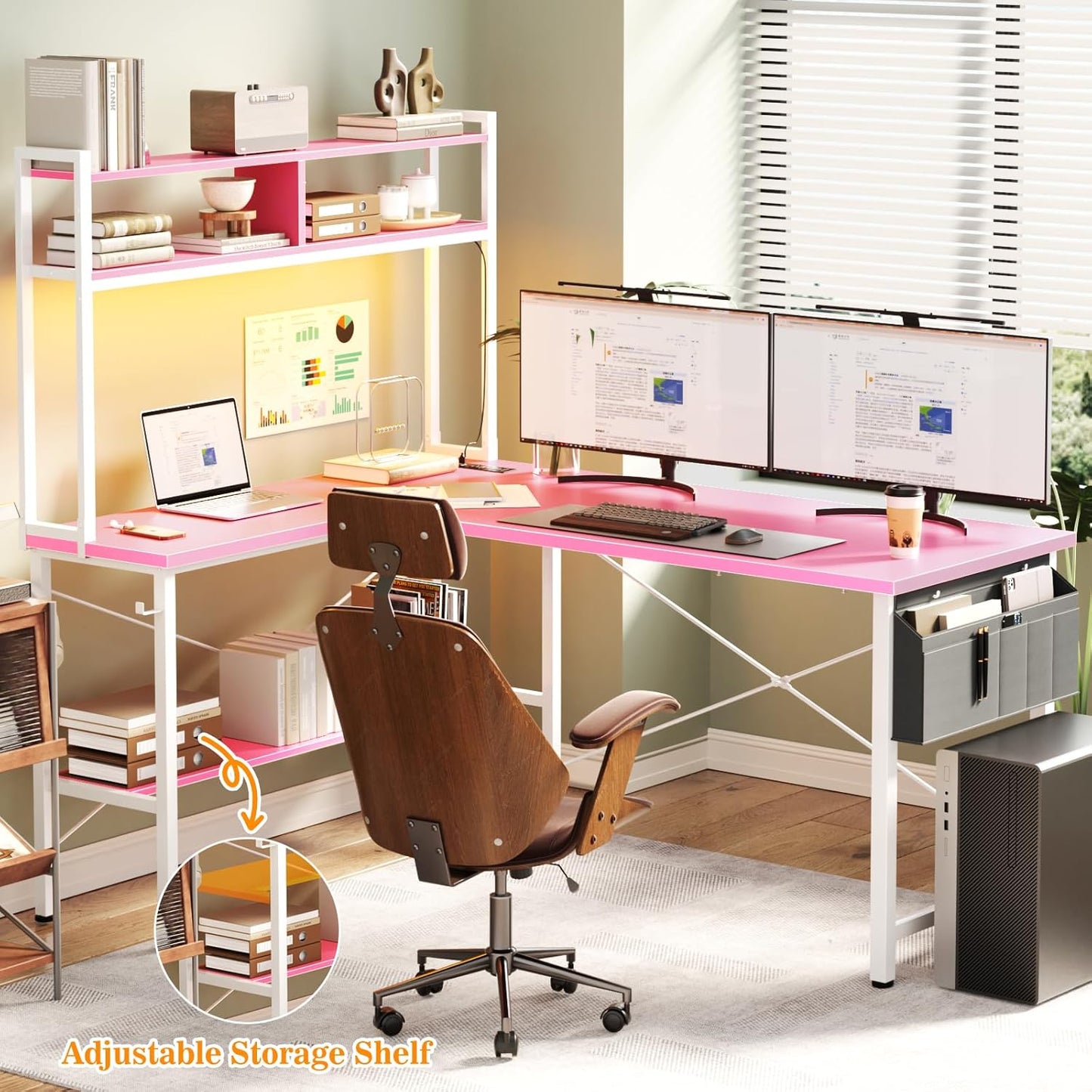 Aheaplus L Shaped Desk Gaming Desk, 59" L Shaped Computer Desk with LED Light & Power Outlet, Reversible Home Office Desk Gamer Desks with Shelves & Storage Bag & Hooks, Corner PC Desk, Pink