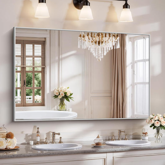 YIROMAN Bathroom Mirror 55"x36", Large Brushed Silver Bathroom Mirror for Over Sink with Aluminum Frame, Rectangular Vanity Mirror with Right Angle, Wall Mirror Hangs Horizontal or Vertical