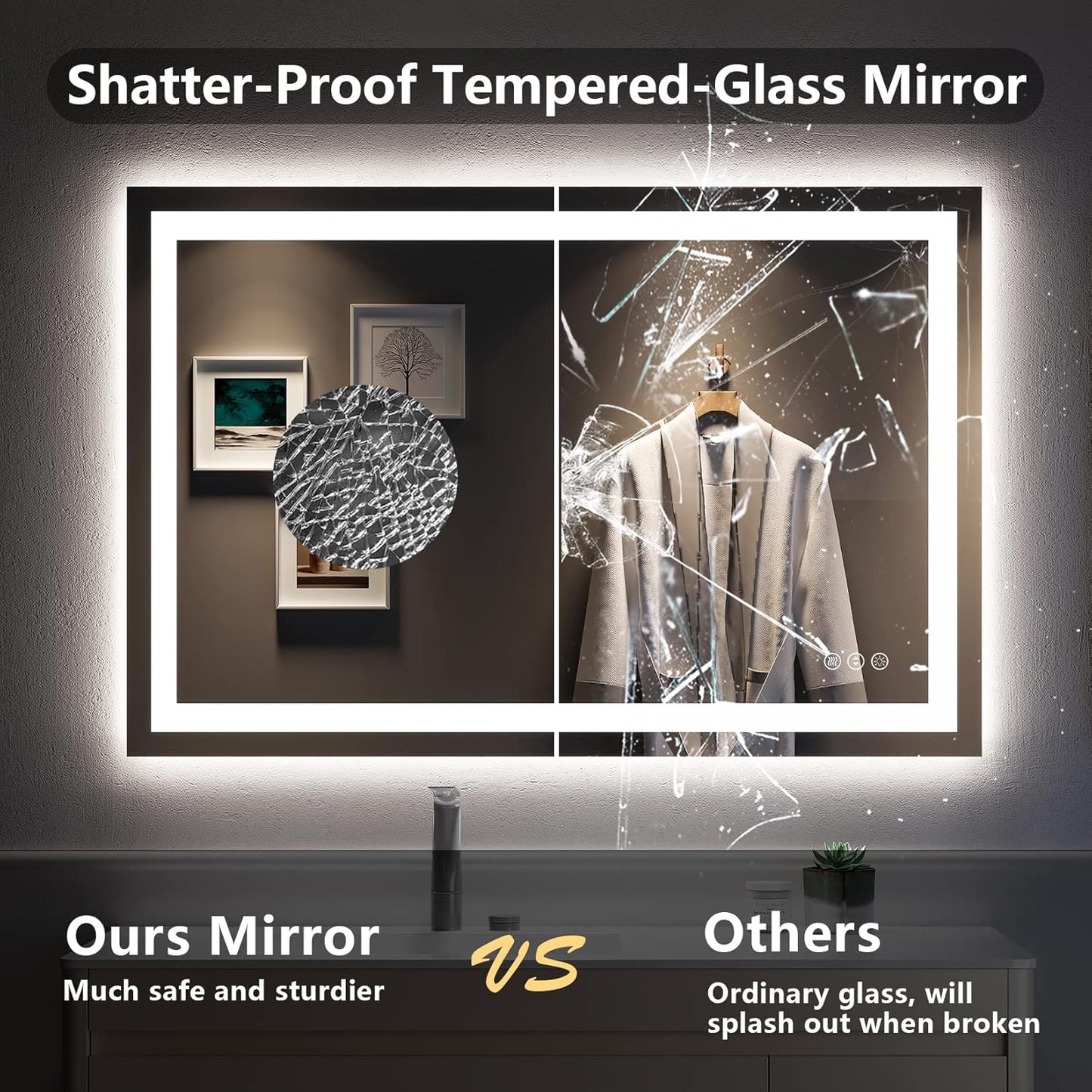 48x32 Inch LED Bathroom Mirror with Lights Front and Backlit Lighted Vanity Mirror for Bathroom Wall with 3 Colors Dimmable Anti-Fog Memory Shatter-Proof IP54 Waterproof Horizontal/Vertical