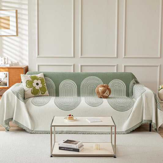 STACYPIK Green Geometric Couch Cover Boho Sofa Cover for Sectional Non-Silp Sofa Covers for Dogs Reversible Beige Couch Cover Loveseat Cover L Shaped Furniture Protector for 3 Cushion Couch-71X150IN