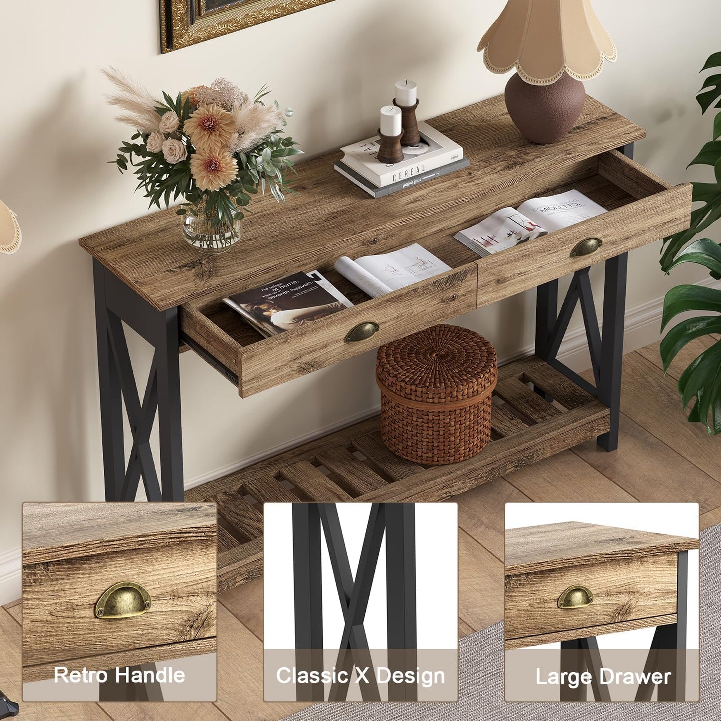 ChooChoo Farmhouse Console Table with Drawer for Entryway, Narrow Long Entry Table with Shelf for Living Room, Rustic Vintage Hallway Sofa Table with Stable X Supports, 40 Rustic Oak & Black