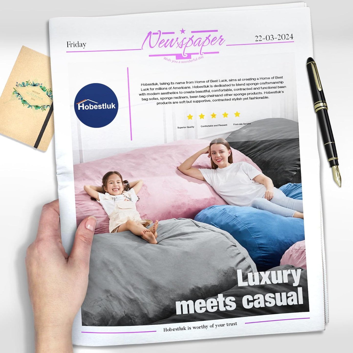 Hobestluk 3FT Bean Bag Chair Large Beanbag with Removable Cover Adult Bean Bag Chair with Portable Handle Desgin for Living Room Bedroom (Black, 3FT)