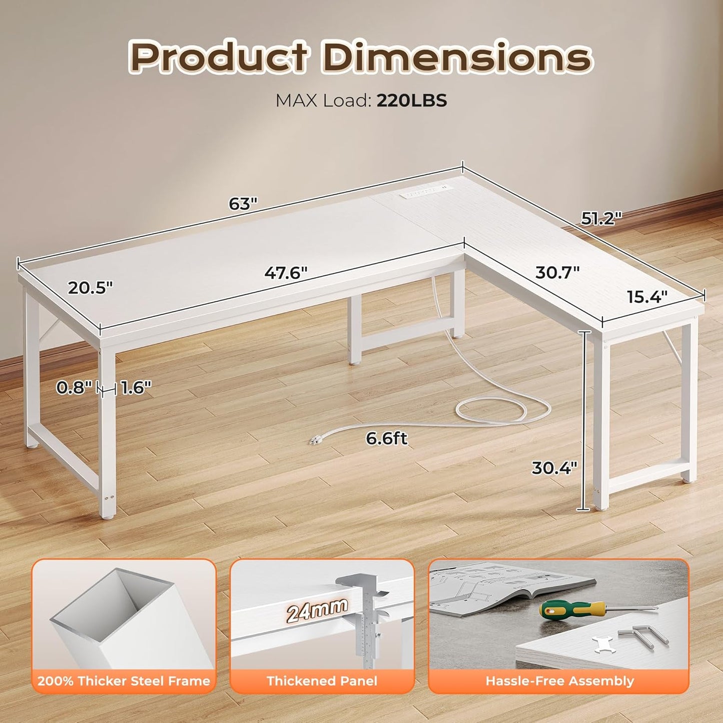 Huuger 63 Inch L Shaped Desk with Power Outlets and USB-C Port, Reversible Computer, Larger Office Corner Gaming Desk, 0.95 Inch Thicker Desktop, Metal Frame, for Home Office, Study, White