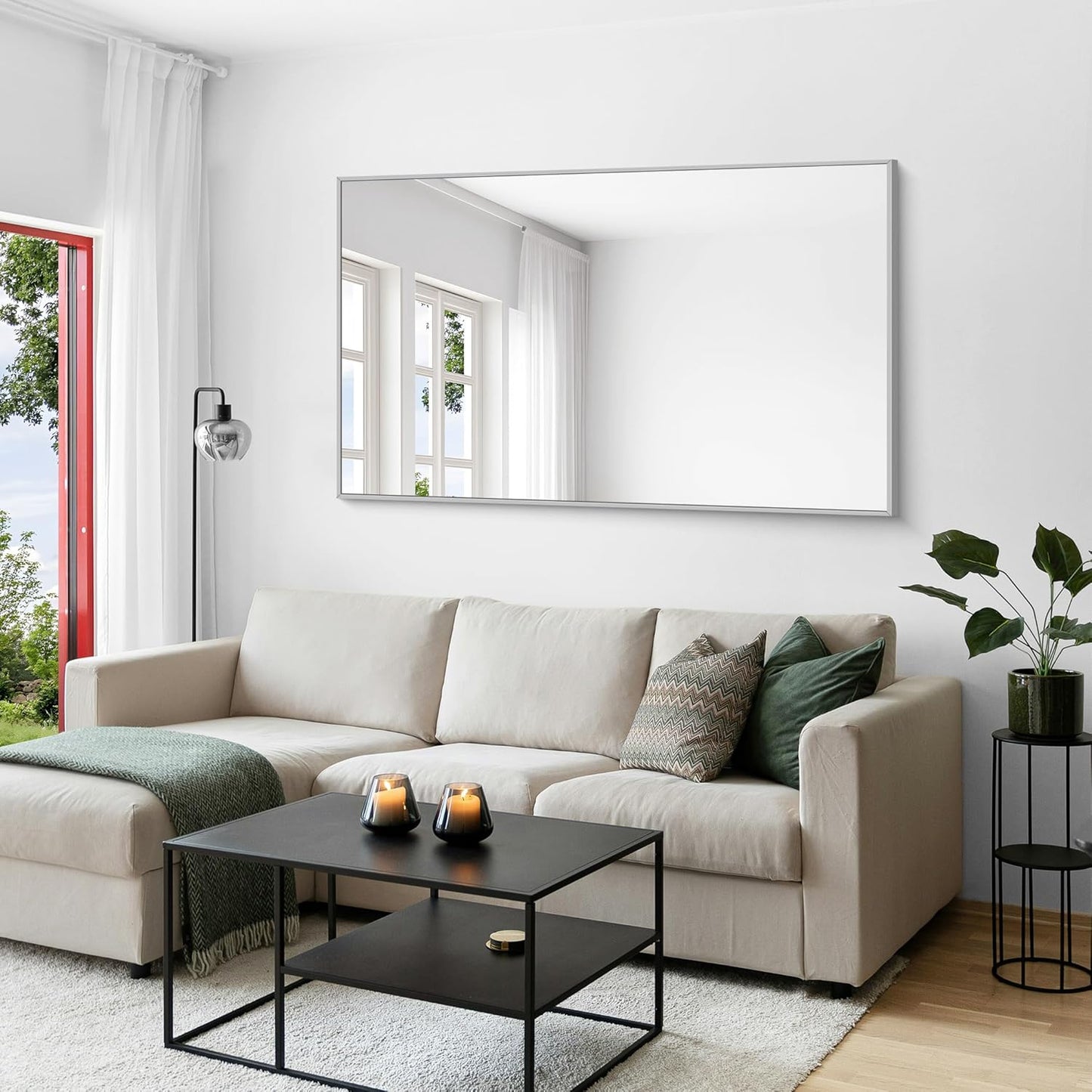 KOCUUY Large Silver Bathroom Mirror, 60x36 inch Rectangular Mirror for Bathroom Sink, Oversized Mirror with Metal Brushed Nickel Frame for Living Room, Farmhouse, Entryway, Hang Horizontal/Vertical