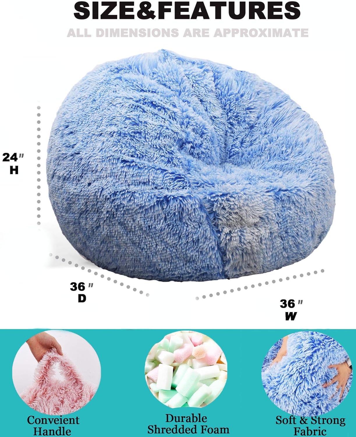 Fluffy Bean Bag Chair, 3FT Round Memory Foam Filled Bean Bag for Teens & Kids, Ultra Soft Faux Fur Fabric Bean Bag Chairs for Playroom, Living Room, Bedroom, Blue
