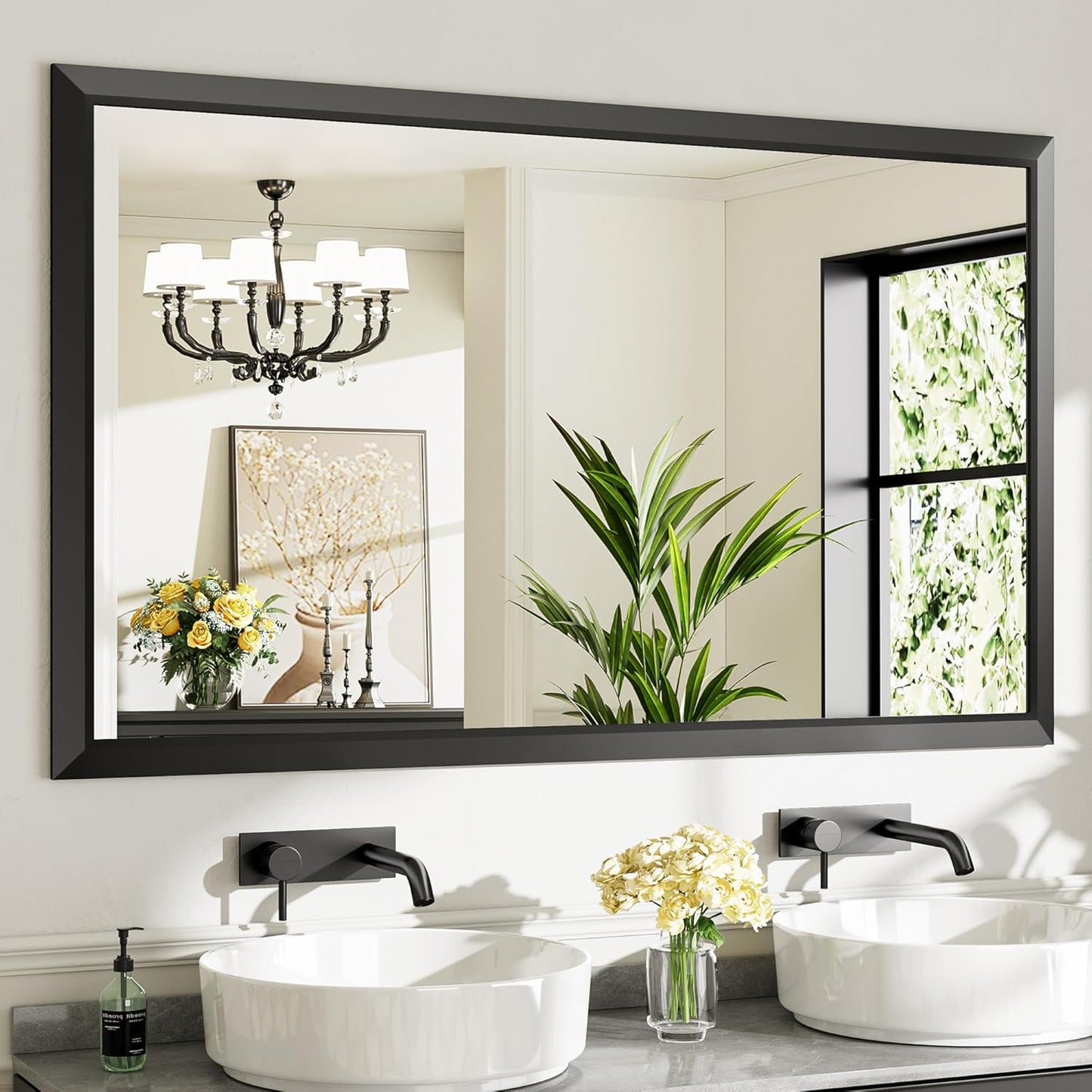 60x36 Inch Black Bathroom Mirror for Wall, Thick Metal Framed Rectangle Mirrors for Over Sink, Bedroom, Living Room, Entryway, Anti-Rust, HD Tempered Glass